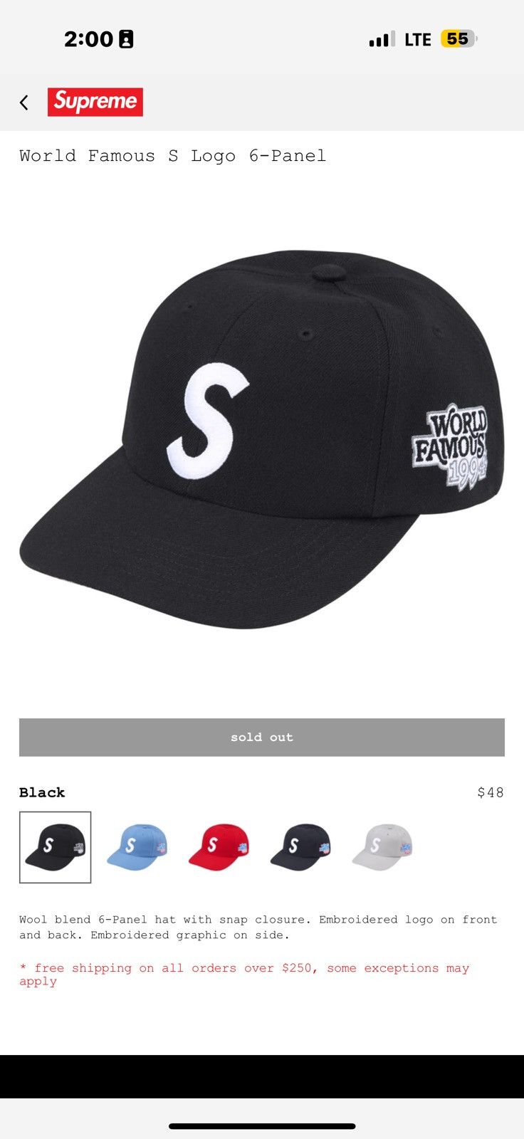 Supreme Supreme world famous s logo 6 panel black and red