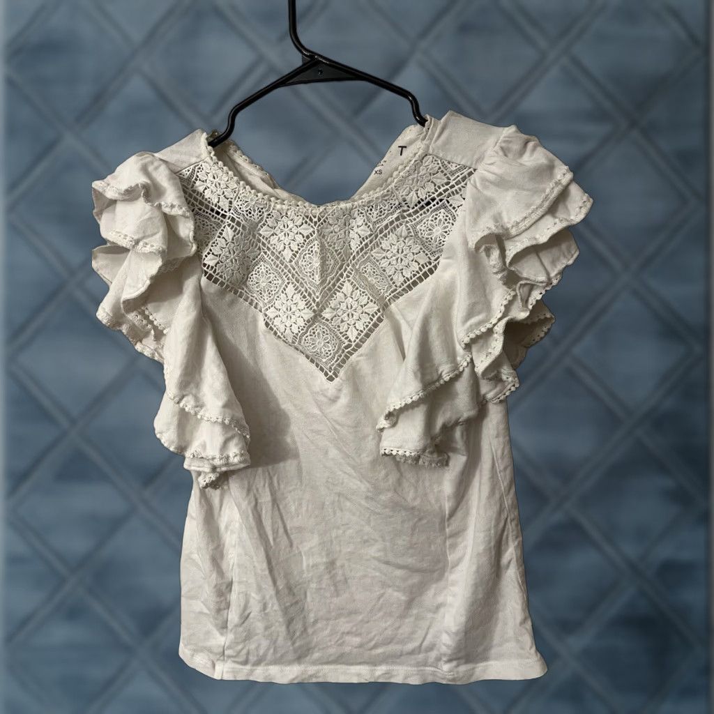 Loft LOFT Blouse Womens XS White Short Sleeve Puff Sleeve Lace Regular Fit Size XS / US 0-2 / IT 36-38 - 1 Thumbnail