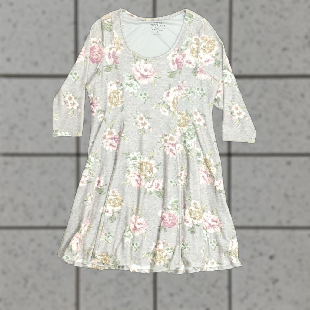 Torrid Torrid Floral Dress Fit & Flare 2X Plus Size Knee Length Gray Heathered Polyester Casual Womens Size XXL / US 16-18 / IT 52-54 - 1 Thumbnail