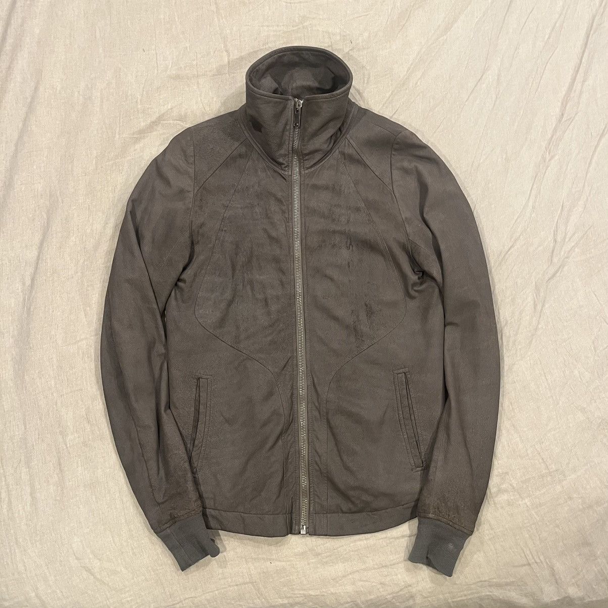 Rick Owens Rick Owens High Neck Intarsia Jacket in LBQ Lamb Suede, Dust Size US S / EU 44-46 / 1 - 3 Thumbnail