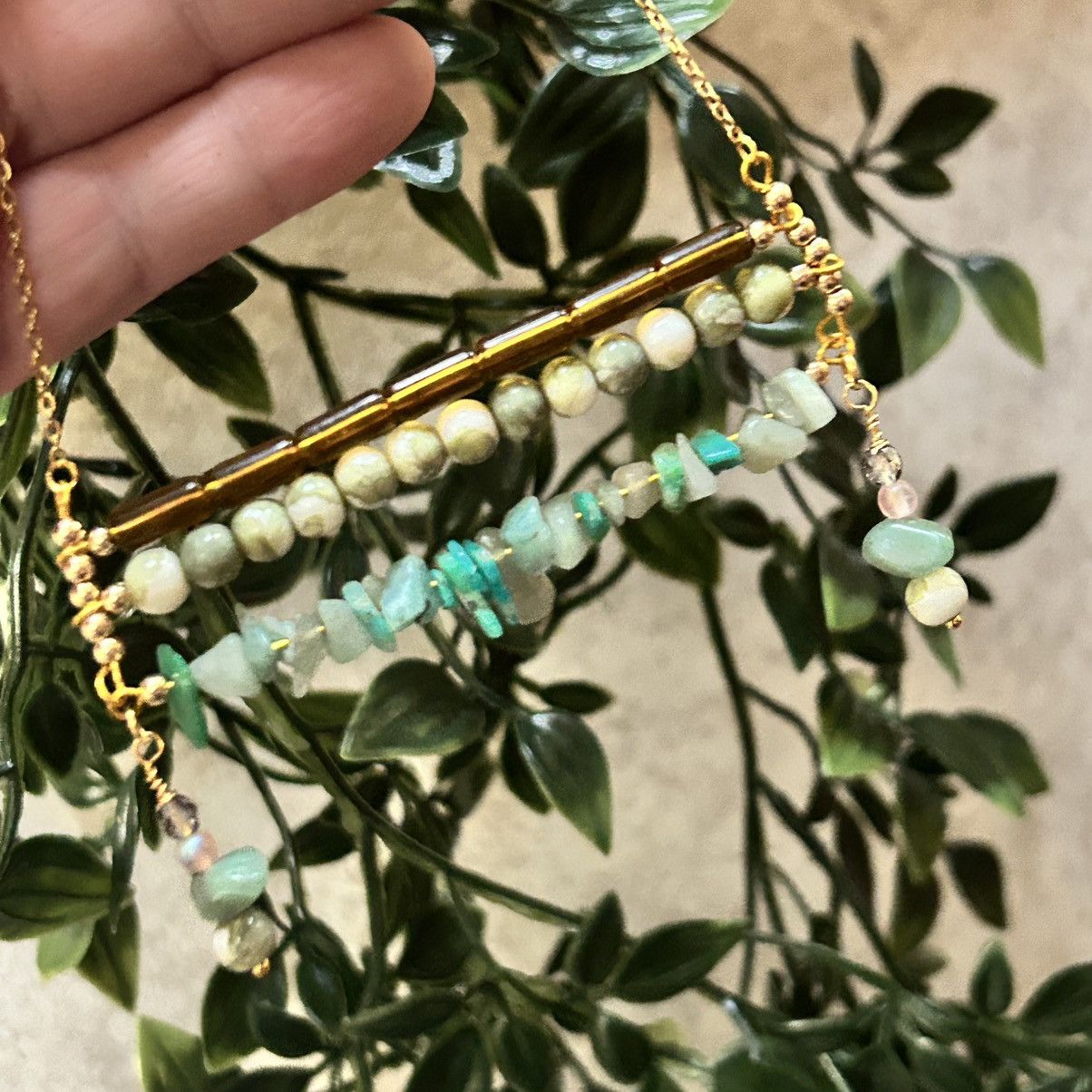 Handmade Handcrafted triple row bar green chalcedony stone necklace Size ONE SIZE - 5 Thumbnail