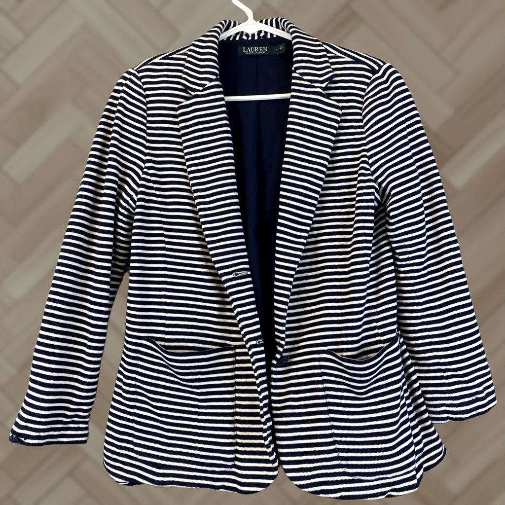 Ralph Lauren Ralph Lauren Blazer Jacket Women L Striped Button Lined 3/4 Sleeve Black White Peter Pan Collar Size L / US 10 / IT 46 - 1 Thumbnail