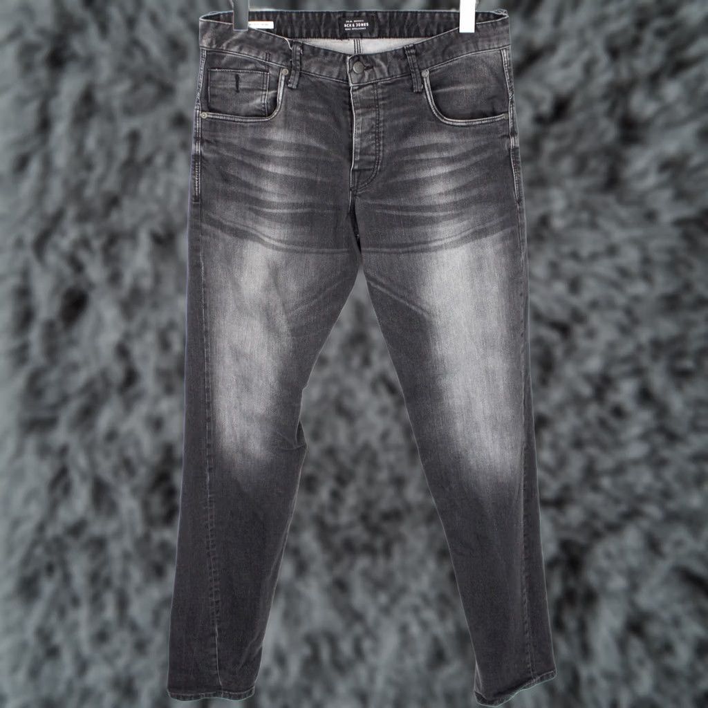 Jack & Jones JACK & JONES Mike Comfort Fit Jeans Men's W33/L36 Black Whiskers Logo Button Fly Tapered Modern Fit Size US 33 - 1 Thumbnail