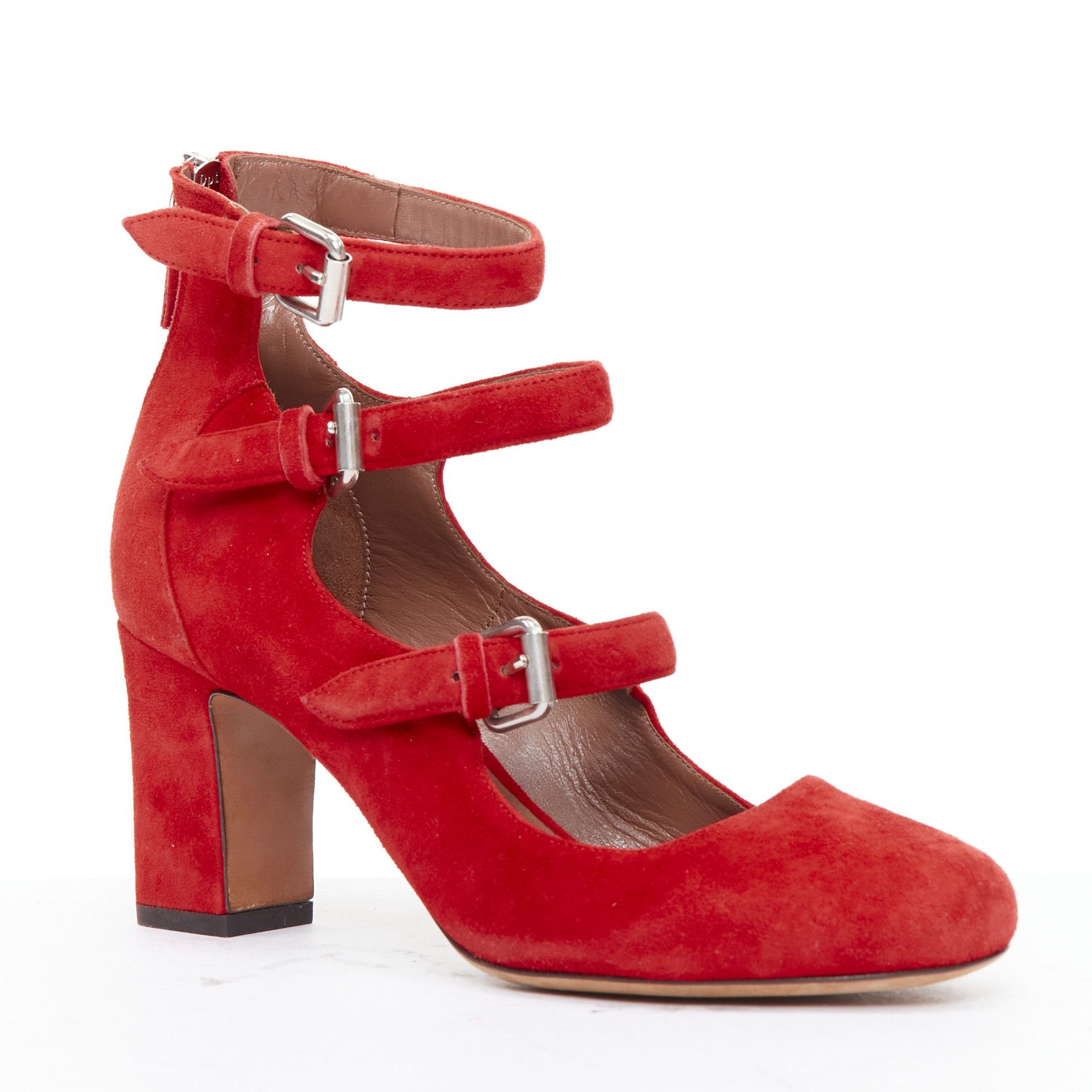 Tabitha Simmons TABITHA SIMMONS Moda red suede leather silver buckles strappy heels EU37 Size US 7 / IT 37 - 1 Thumbnail