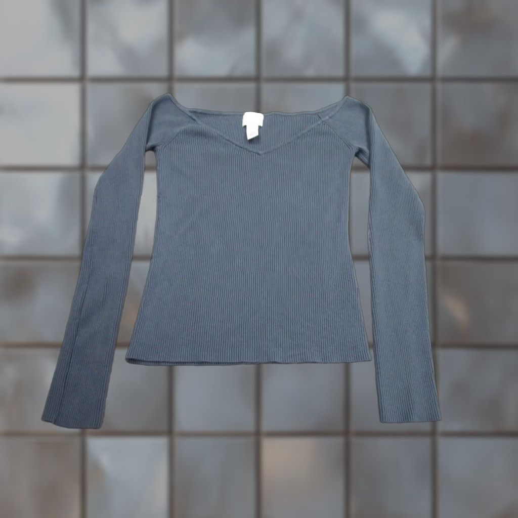 H&M H&M Shirt Womens M Blue Thermal Ribbed fitted Long Sleeve V-Neck Slim Casual Basics Regular Size M / US 6-8 / IT 42-44 - 1 Thumbnail