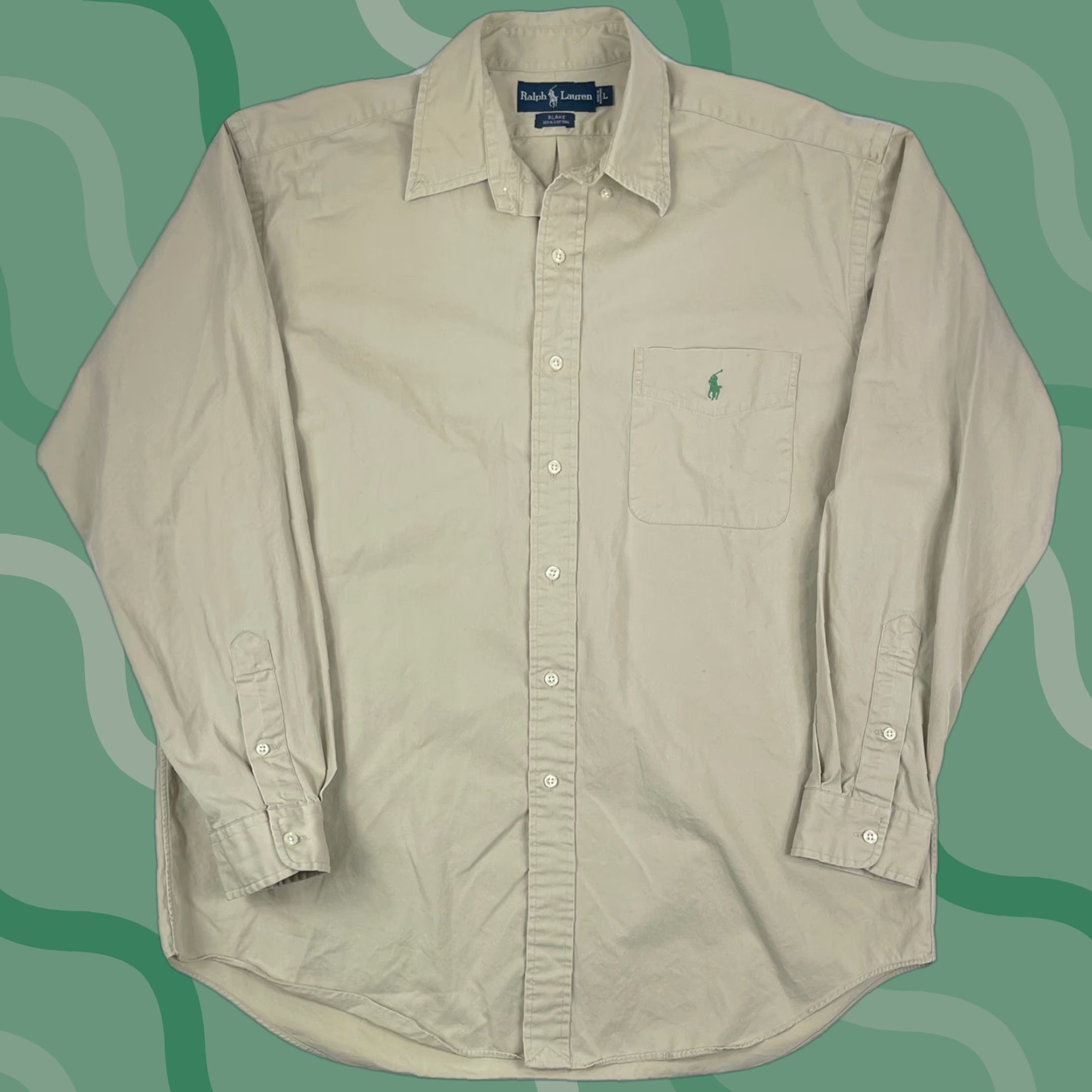 Ralph Lauren VINTAGE Ralph Lauren Polo Shirt Blake Button-Up Knit Cotton 2-Ply Brown Plaid Long Sleeve Mens L Tan Green Pony 90s Size 42R - 1 Thumbnail