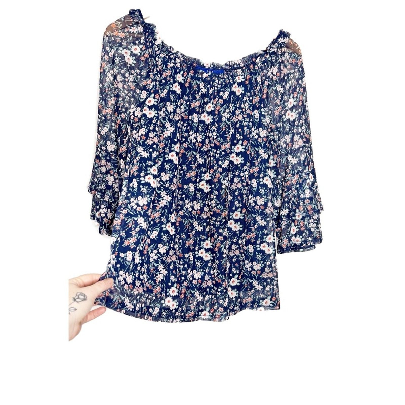 Apt. 9 APT.9 Women’s Floral Mesh Navy Blue Bohemian Blouse Top Size S / US 4 / IT 40 - 10 Thumbnail