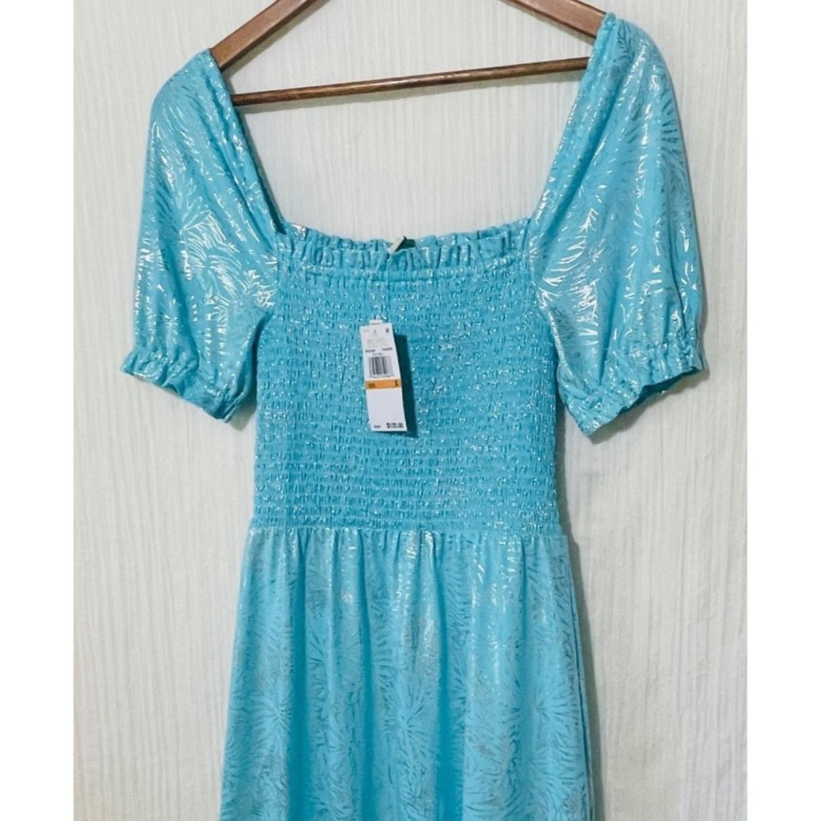 Michael Kors Michael Kors Smocked Peasant Dress Foil Print Turquoises Size S / US 4 / IT 40 - 6 Thumbnail