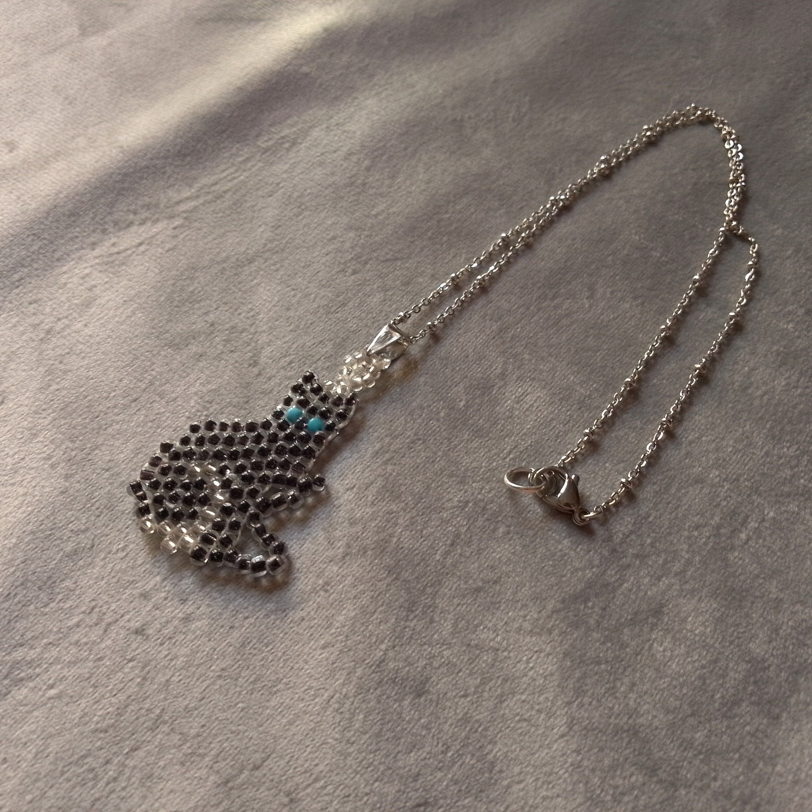 Handmade Necklace Black Cat Pendant Beaded Elegant Lucky Charm Size ONE SIZE - 1 Thumbnail