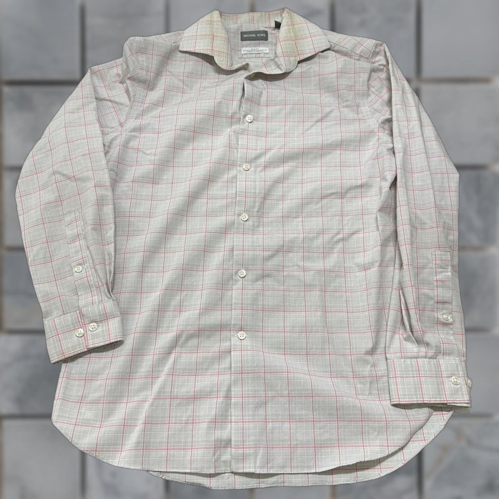 Michael Kors Michael Kors Mens Shirt 15.5 Pink Gray Plaid Slim Fit Button-Up Collared Long Sleeve Size US L / EU 52-54 / 3 - 1 Thumbnail