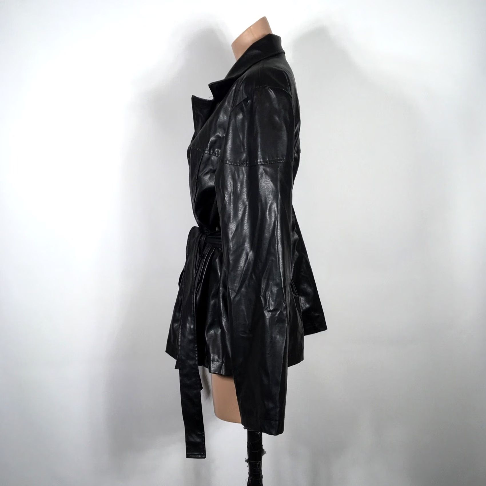 Vintage VINTAGE Y2K RAVE Belted Faux Leather Jacket Long Club Black Womens XL Size XL / US 12-14 / IT 48-50 - 5 Thumbnail