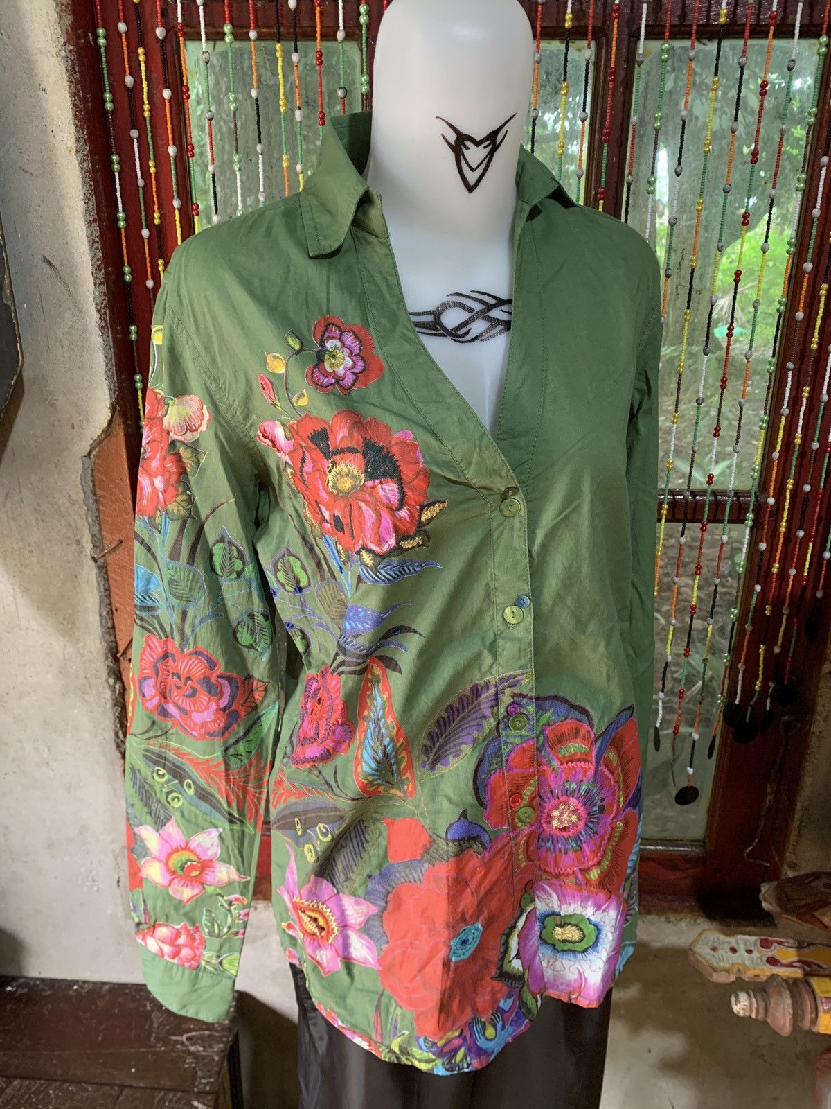 Desigual Desigual Spain Floral Graphic Green Army Shirt Size S / US 4 / IT 40 - 2 Thumbnail