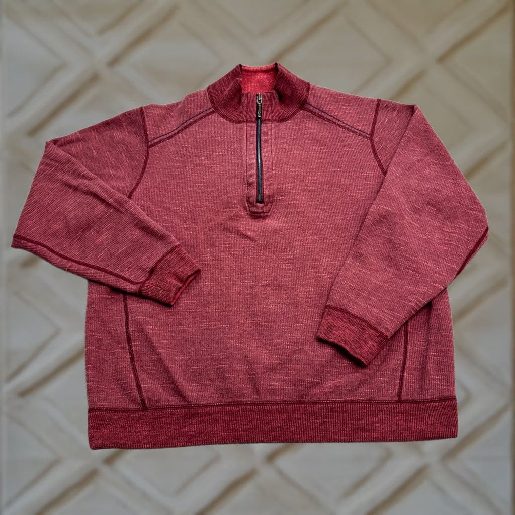 Tommy Bahama Tommy Bahama Sweatshirt 1/4 Zip Pullover Mens Large Marled Red Raglan Sleeve Knit Fleece Mock Neck Logo Size US L / EU 52-54 / 3 - 1 Thumbnail