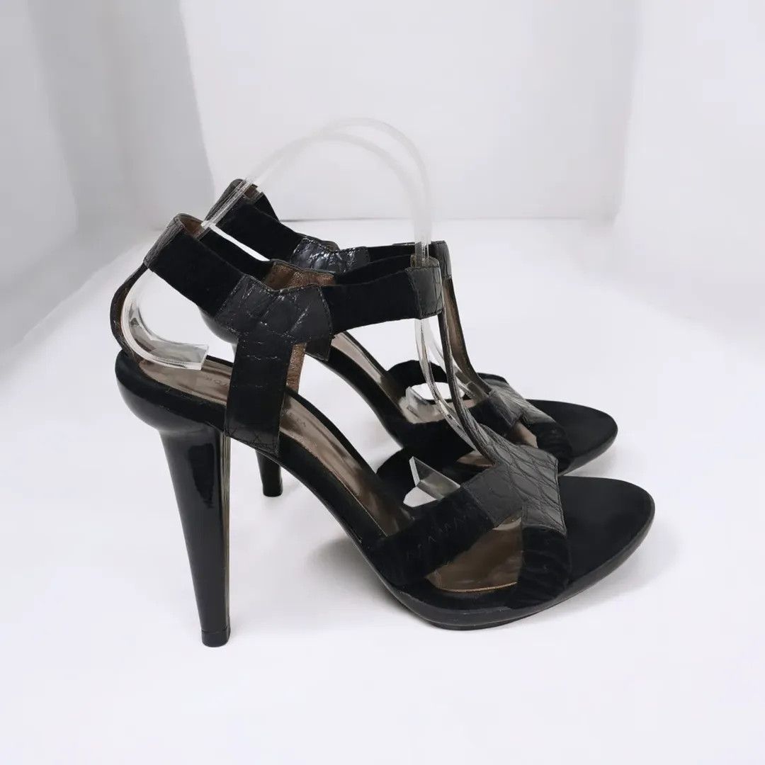 Bottega Veneta Bottega Veneta Black Croc Embossed Leather T-Strap Heels Size US 8.5 / IT 38.5 - 4 Thumbnail