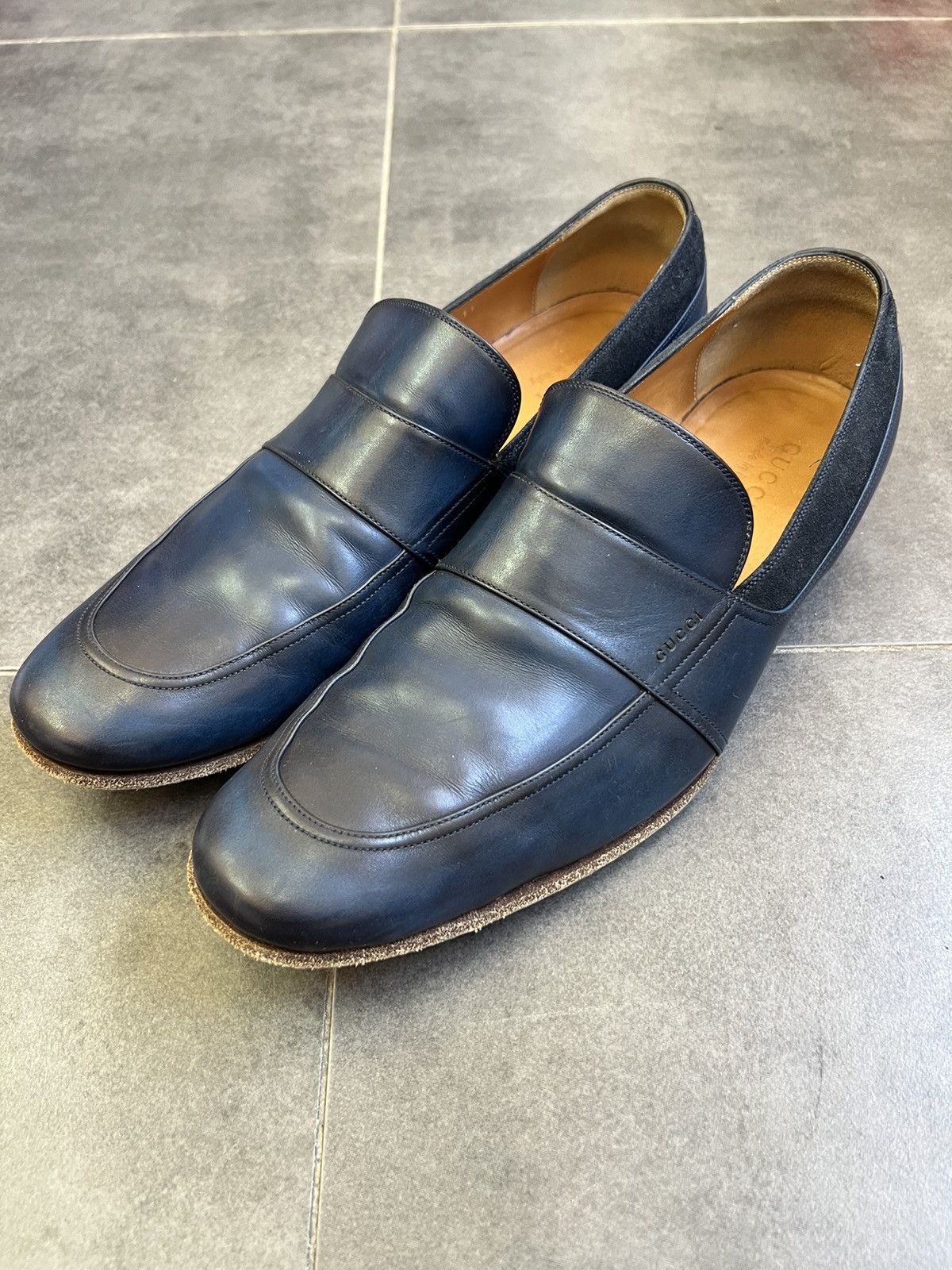 GUCCI Loafers Leather Shoes Strap Classic Blue wash