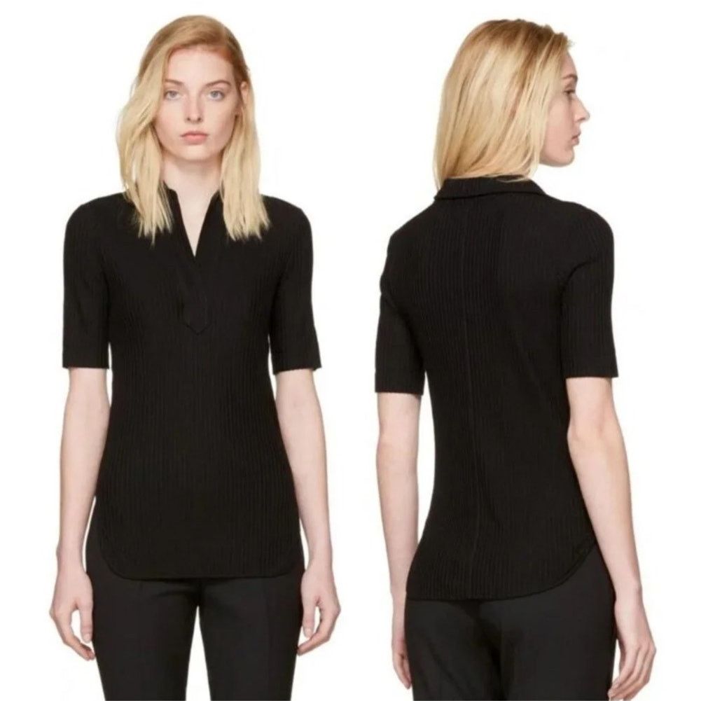 Helmut Lang Helmut Lang Black Ribbed Knit Short Sleeve Polo Top Small Size S / US 4 / IT 40 - 1 Thumbnail