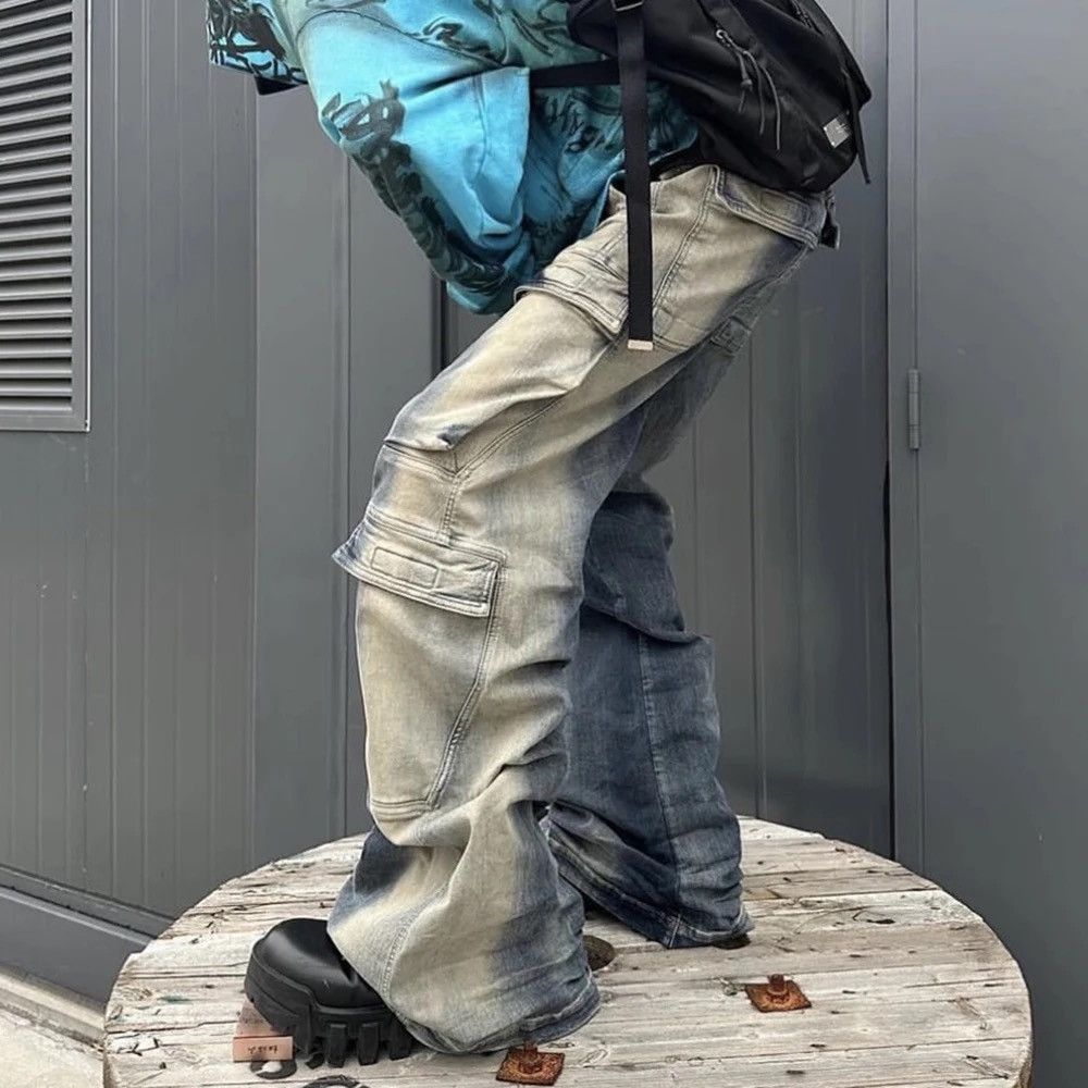 image of Distressed Denim Multi-Pockets Drawstring Jeans in Bleu, Men's (Size 28)