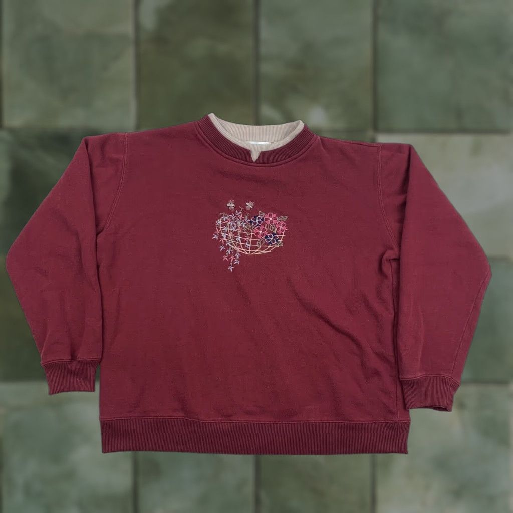 Asket VINTAGE Shenanigans Sweatshirt Womens Large Red Flower Basket Pullover 90s USA Size L / US 10 / IT 46 - 1 Thumbnail