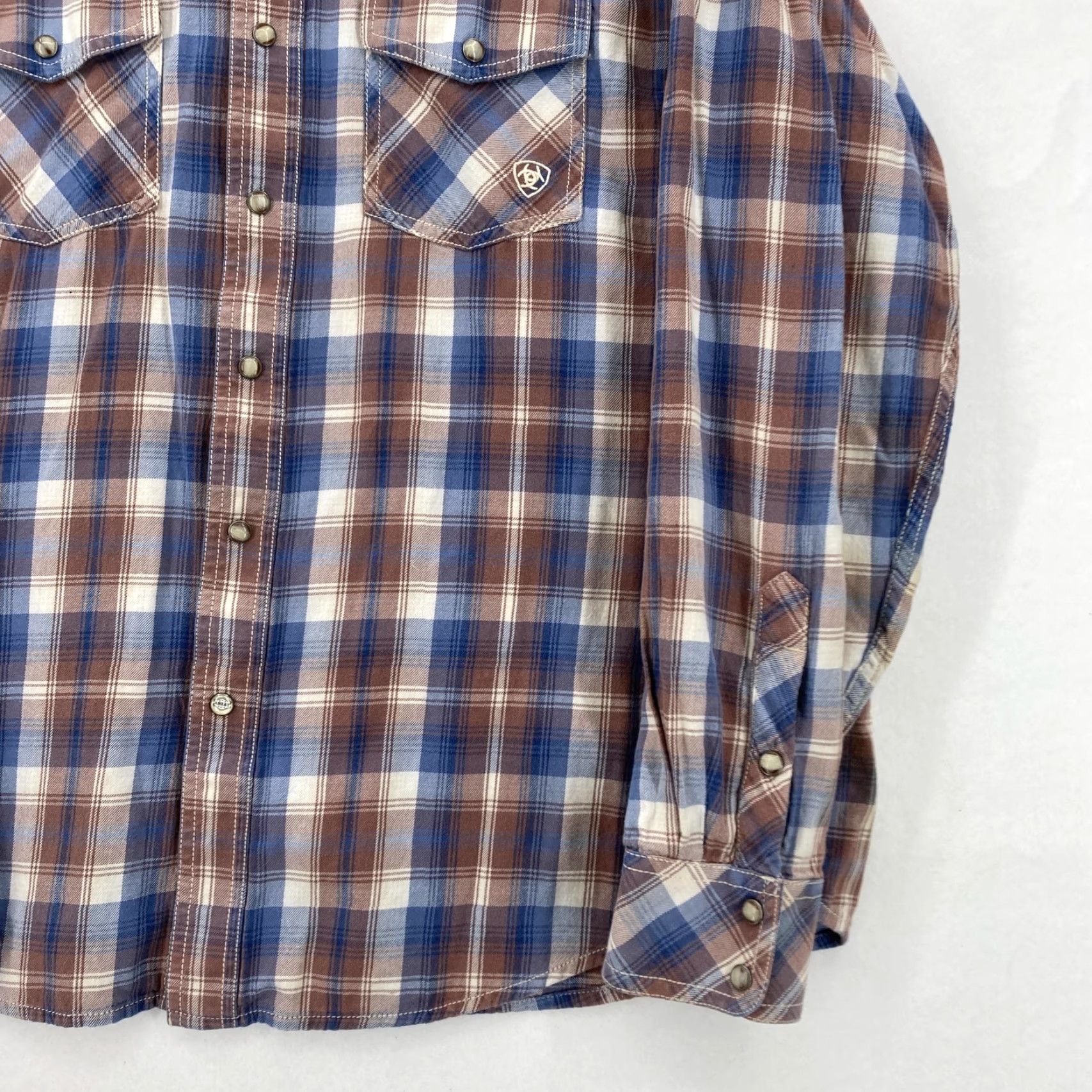 Ariat Ariat Retro Fit Shirt Mens XL Blue Brown Plaid Western Pearl Snap Cowboy Rodeo Size US XL / EU 56 / 4 - 3 Thumbnail