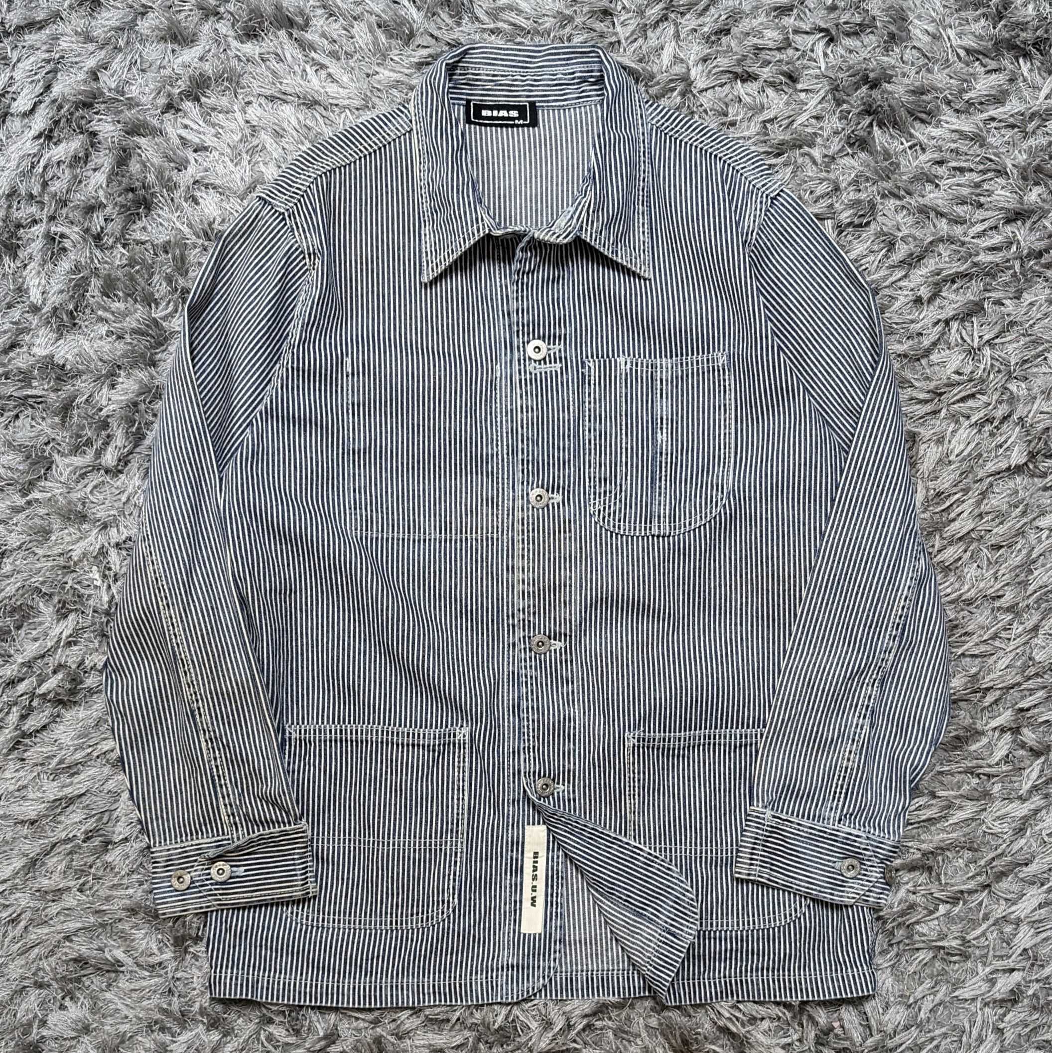 image of Bias Hickory Stripes Workers Jacket Oversized Workwear in Blue, Men's (Size Medium)