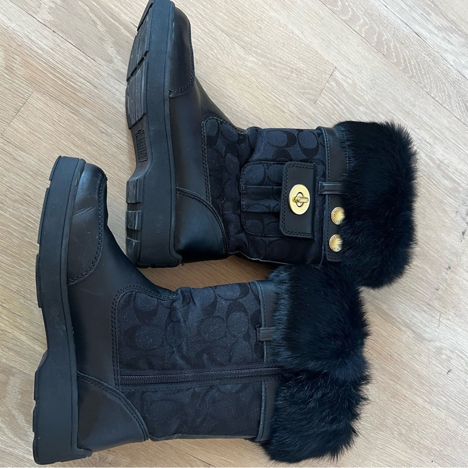 Coach Coach Kimberly Boots Black Canvas Logo Rabbit Fur Trim SZ 6M Size US 6 / IT 36 - 3 Thumbnail