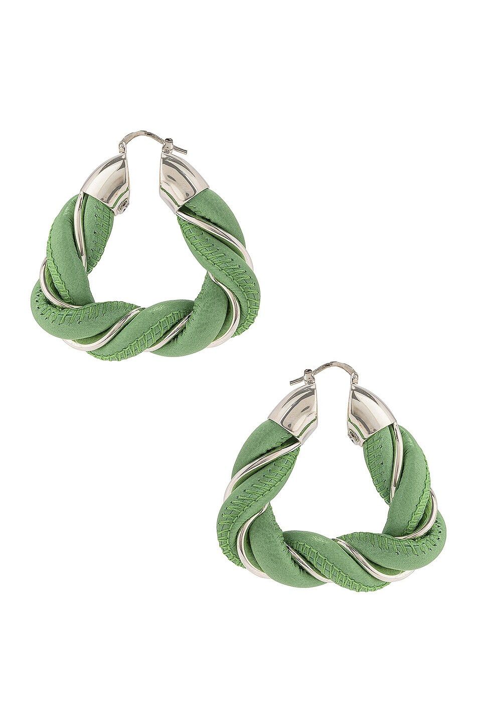 image of Bottega Veneta Twist Triangle Green Leather Silver Earrings, Women's
