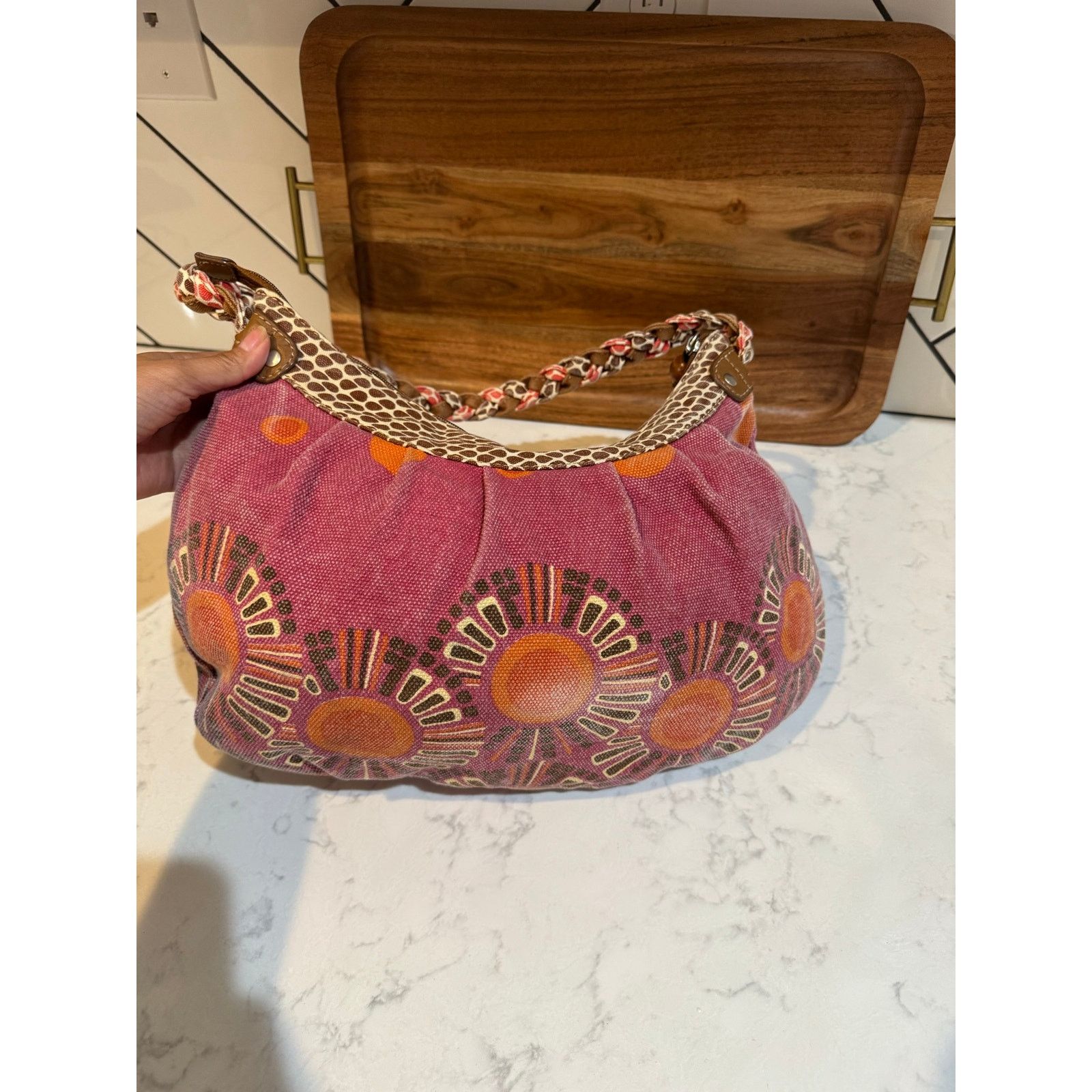 Guess vintage Fossil Canvas Hobo Bag abstract orange brown floral Size ONE SIZE - 7 Thumbnail