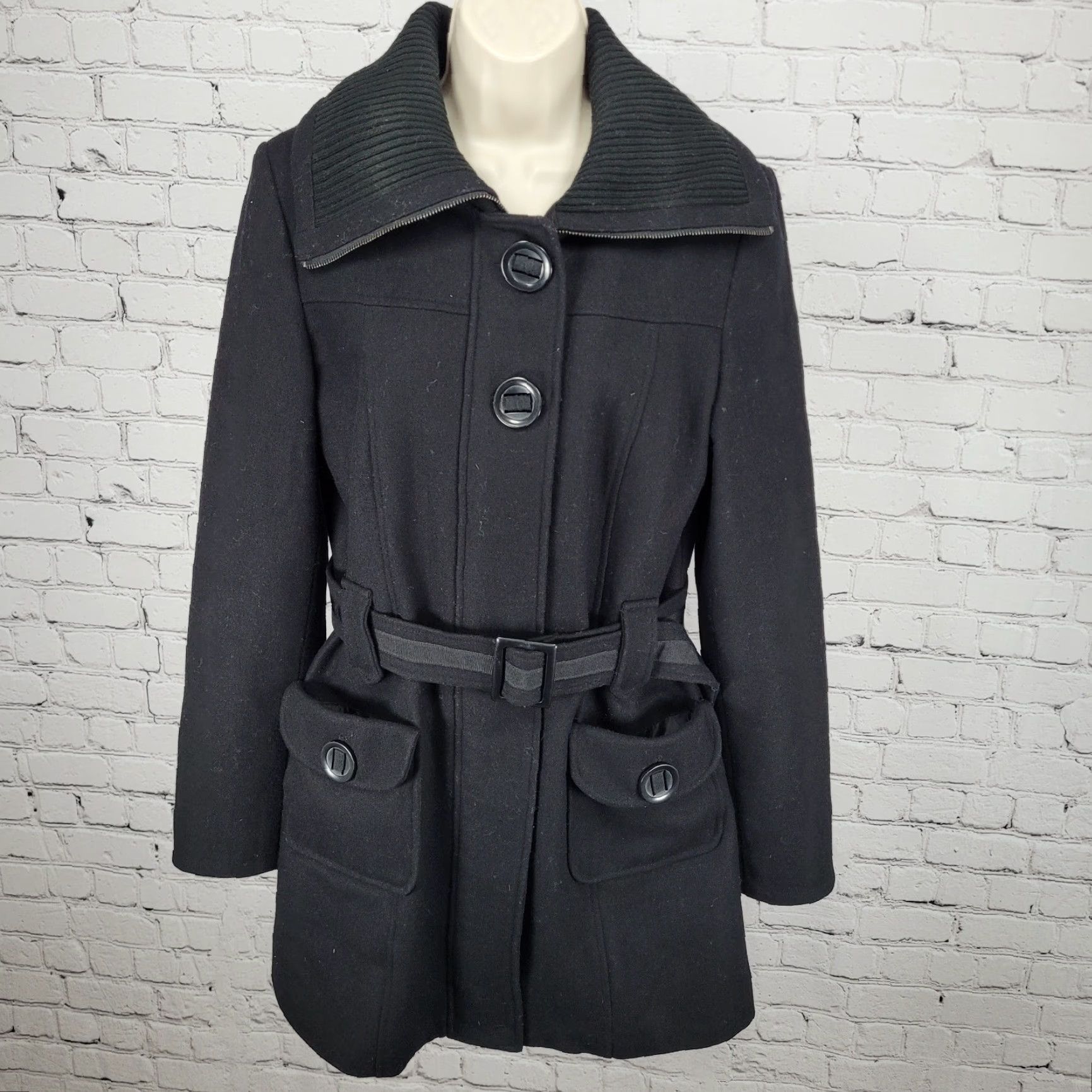 Vintage VINTAGE ORSAY Black Wool Blend Full Zip Buttoned Belted Knit Collared Coat Women's Size 38 US 6 Size XS / US 0-2 / IT 36-38 - 2 Thumbnail