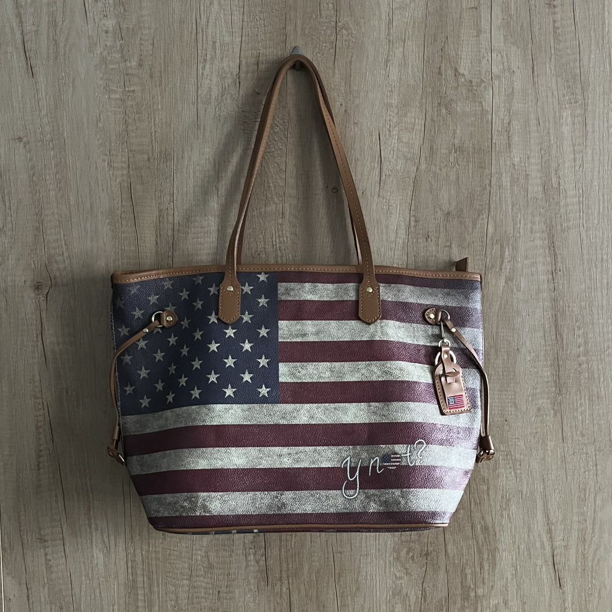 Leather Italy Tote Shoulder Bag Dirty Faded USA Flag Vintage
