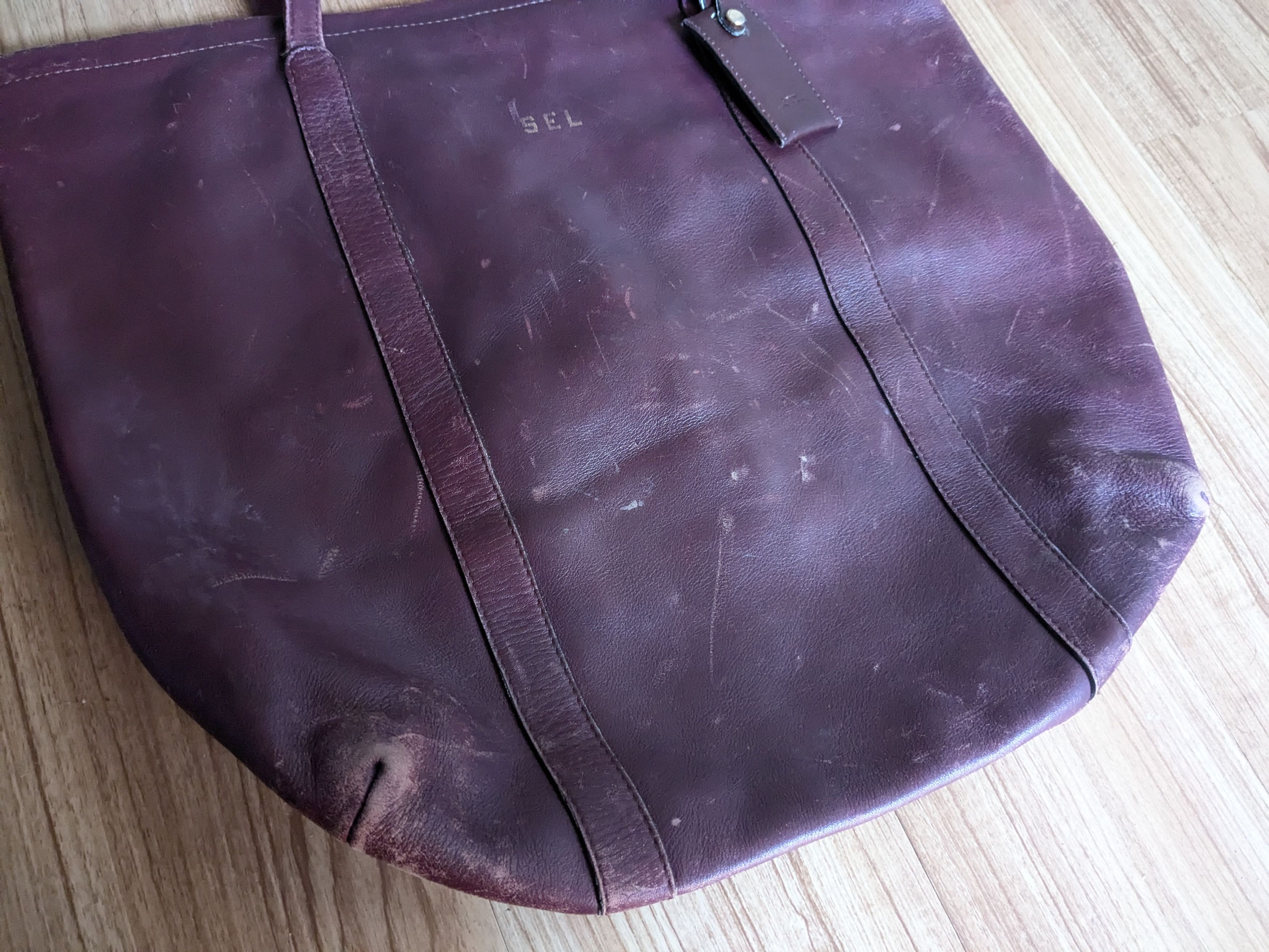 Genuine Leather Vintage Leather Tote Bag Burgundy Zipper Strap Pockets Size ONE SIZE - 2 Thumbnail