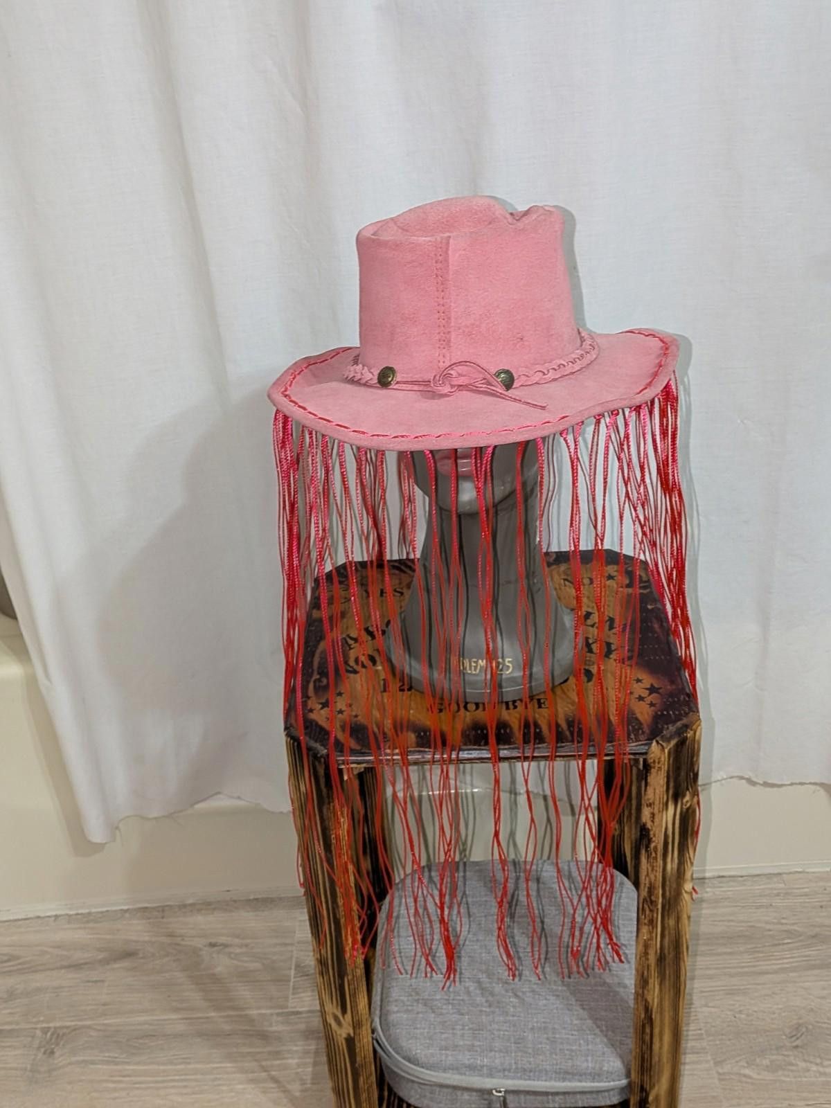 The Unbranded Brand Upcycled Cowgirl Pink Suede Neon UV Reactive Fringe Rave Hat Size ONE SIZE - 6 Thumbnail