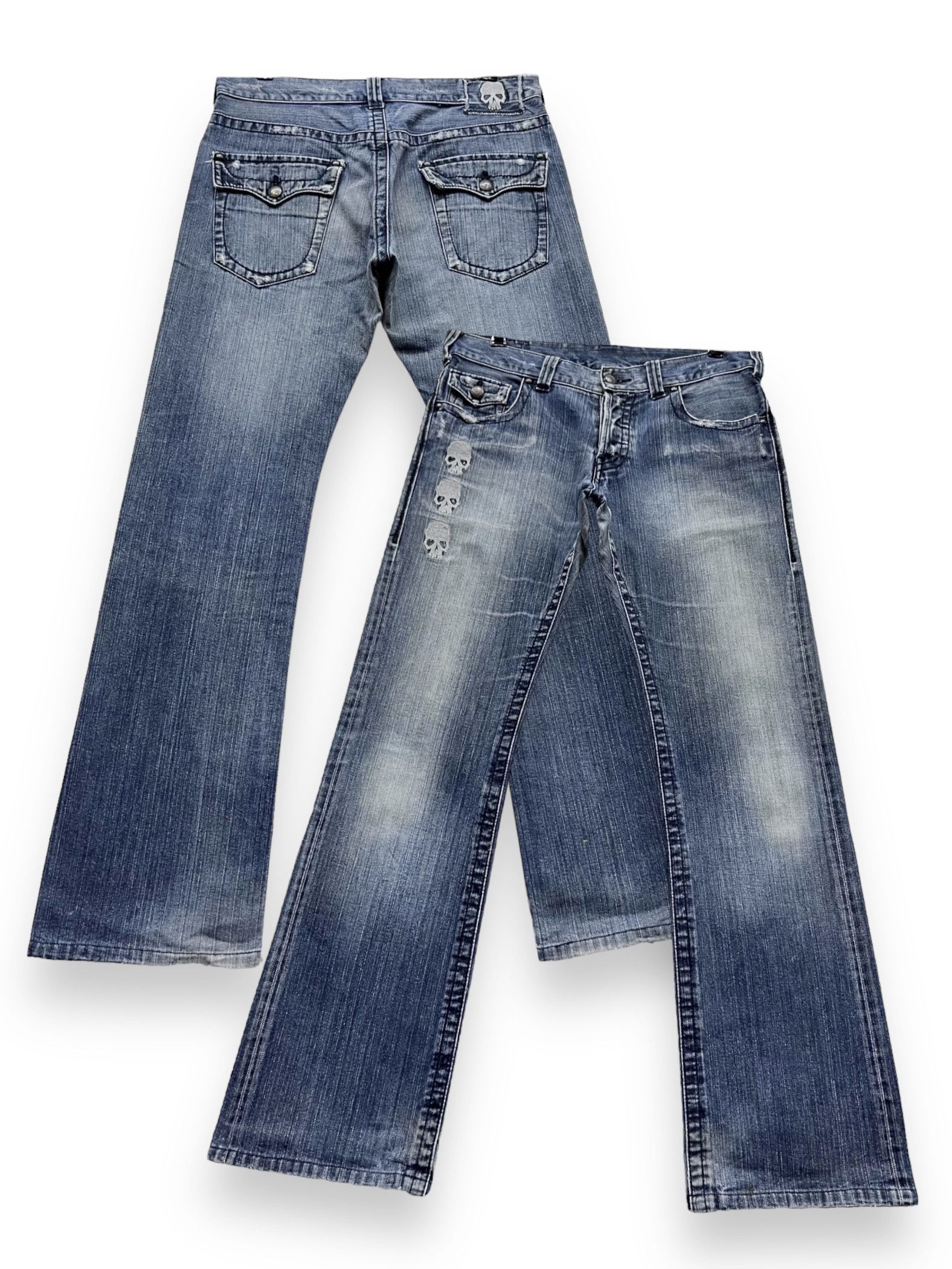 Culturata CUSTOMCULTURE Punk Embroidery Skulls Distressed Flare Denim Size US 32 / EU 48 - 1 Thumbnail