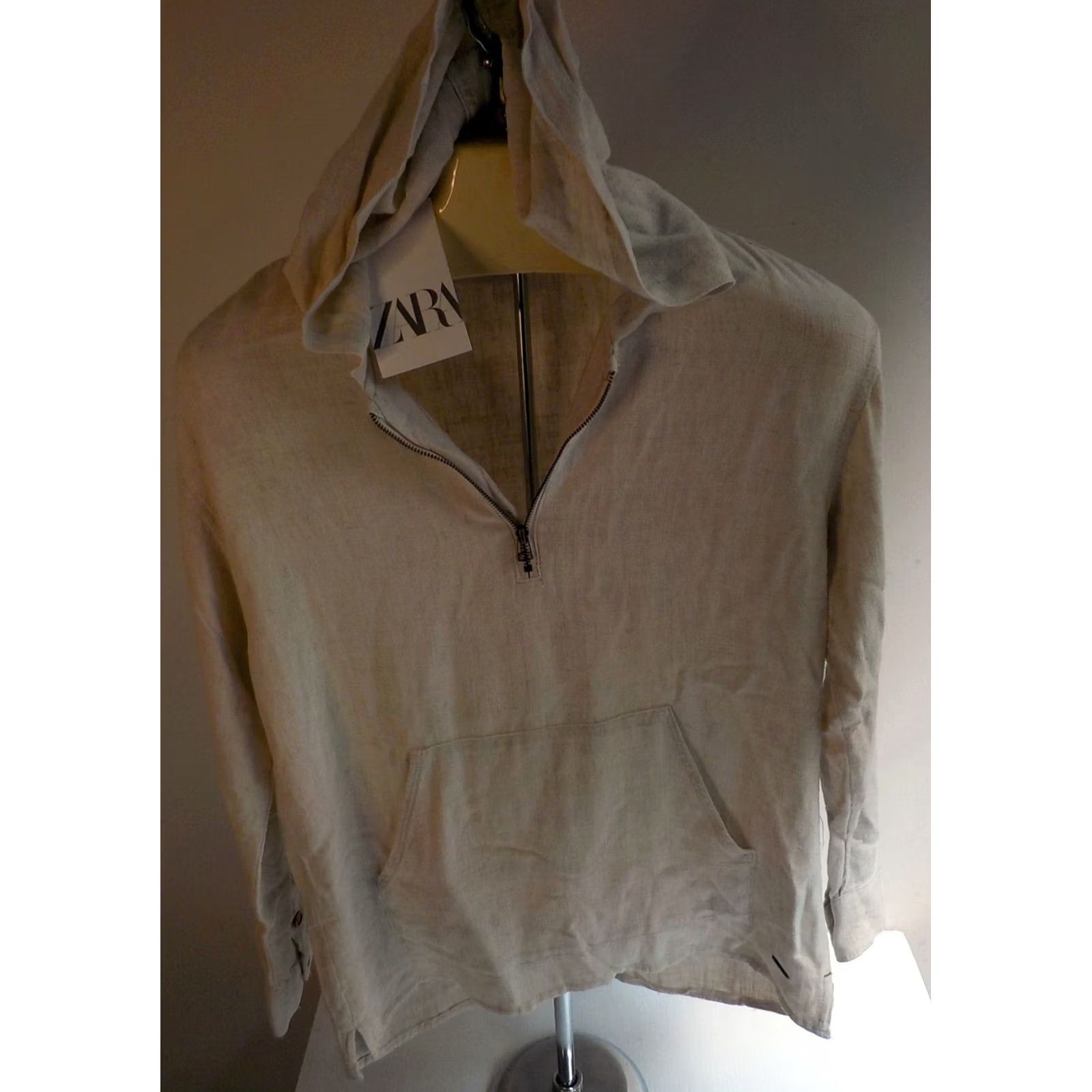 Zara VINTAGE? no. Final: ZARA Hooded Blouse Shirt Linen Blend Beige 9 NWT Womens 3/4 Sleeve Kangaroo Pocket Harvested 1990s? Size M / US 6-8 / IT 42-44 - 2 Thumbnail