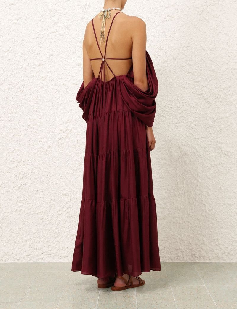 Zimmermann oc11z0226 Tallow Gathered Maxi Dress In Burgundy Size L / US 10 / IT 46 - 4 Thumbnail