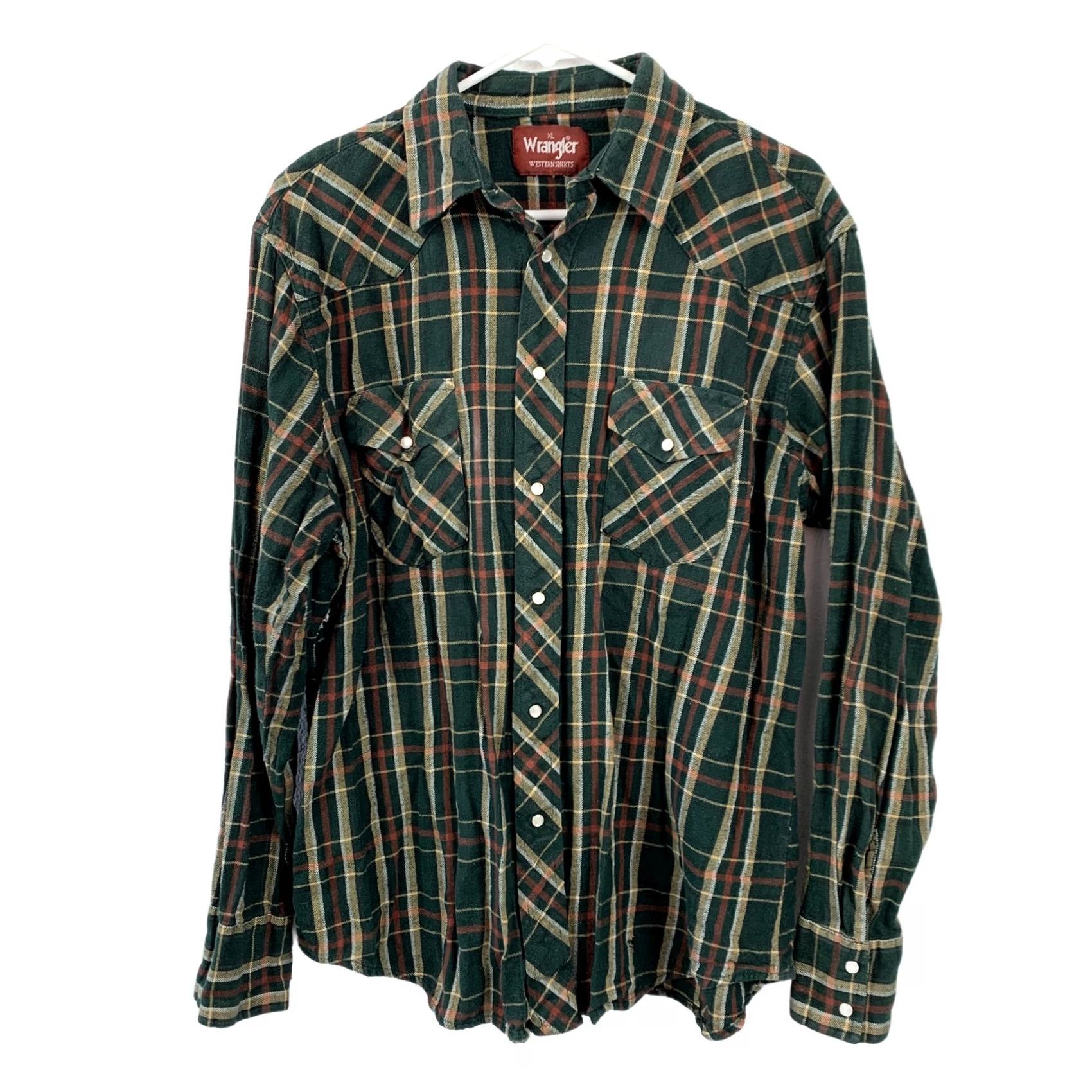 Wrangler VINTAGE Wrangler Western Shirts Plaid Flannel Shirt Long Sleeve Pearl Snap Mens XL Green Red Tan White Casual Button-Down Size US XL / EU 56 / 4 - 2 Thumbnail