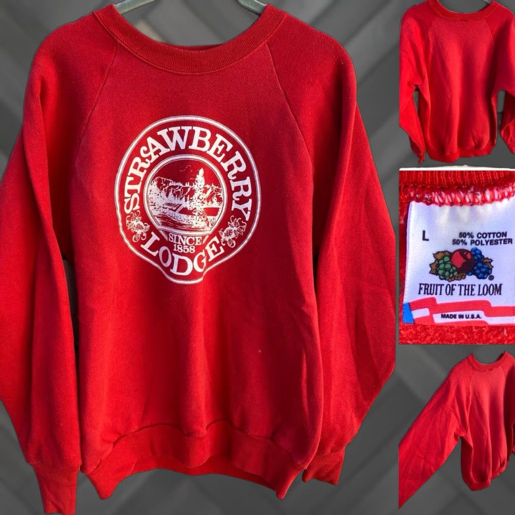 Fruit Of The Loom VINTAGE Fruit of the Loom Raglan Sweatshirt Graphic Print Red Strawberry Lodge Since 1858 L Men Shirt pullover Size US L / EU 52-54 / 3 - 1 Thumbnail