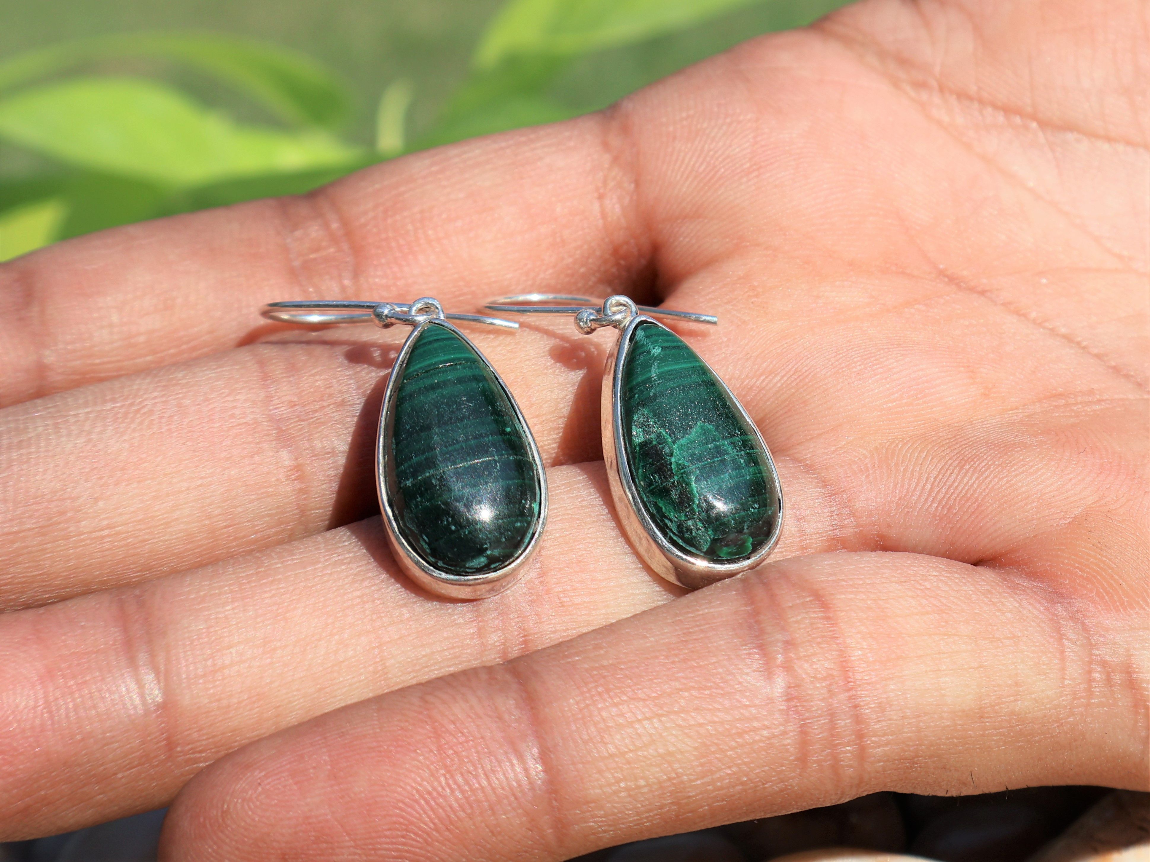 Handmade Malachite Dangle Drop Earrings, Sterling Handmade Earrings, Size ONE SIZE - 2 Thumbnail