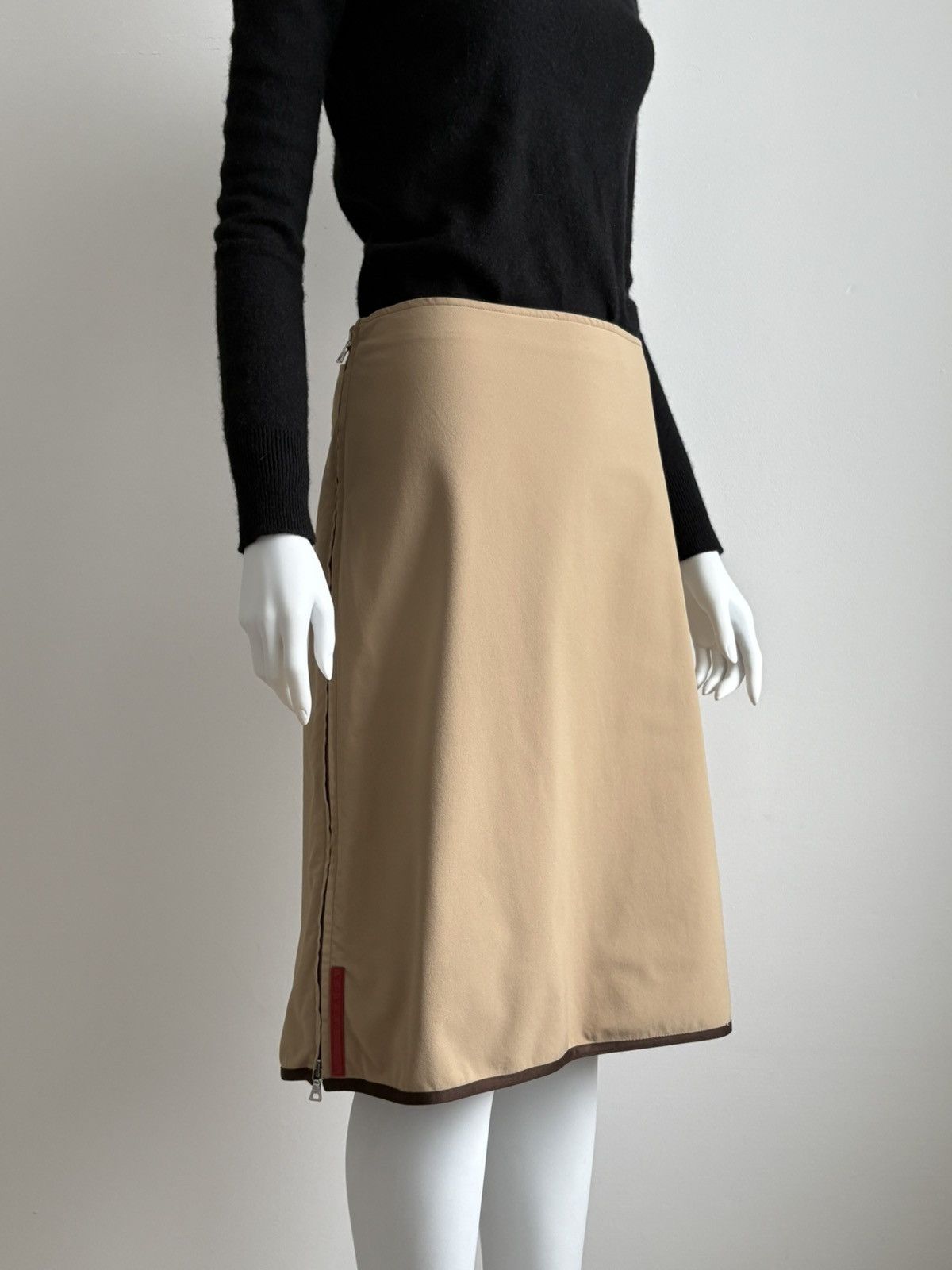 00s Prada Sport Two Slit Zip Skirt Beige Nylon Red Tab 46 XL