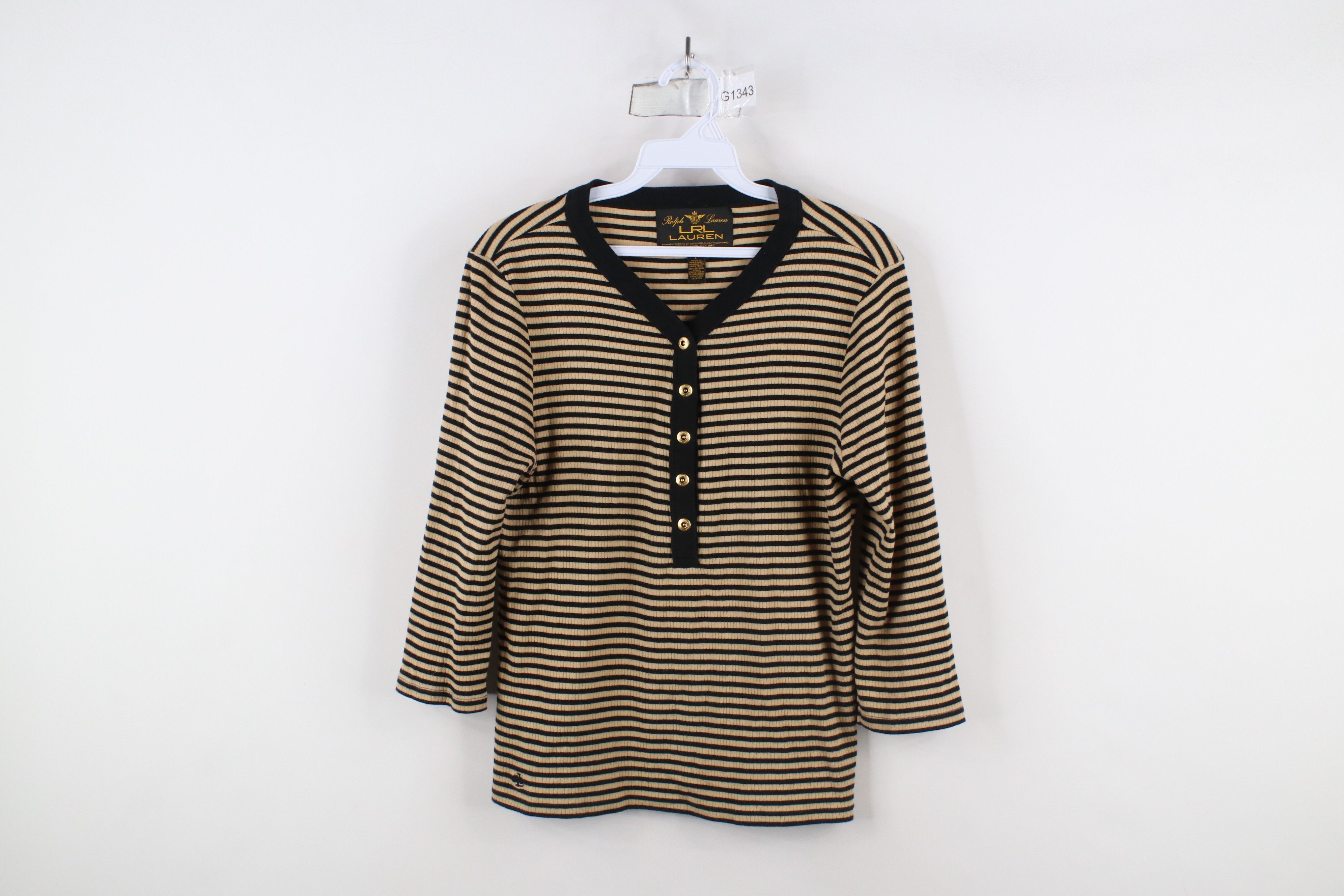 Ralph Lauren × Vintage Vintage 90s Ralph Lauren Striped Ribbed Knit Henley T-Shirt Size L / US 10 / IT 46 - 1 Thumbnail