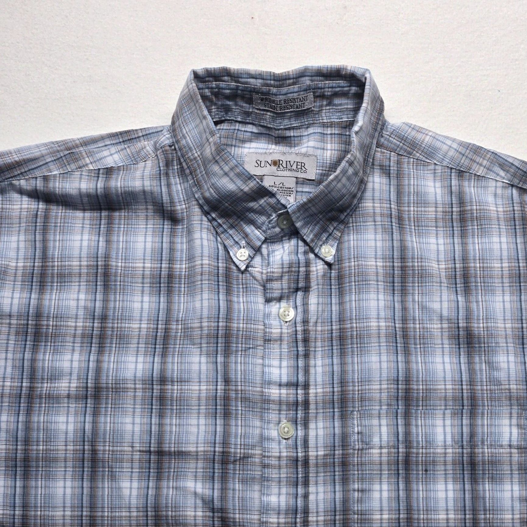 Vintage Sun River Blue Check Short Sleeve Button-Up Shirt Adult Large Mens Size US L / EU 52-54 / 3 - 2 Thumbnail
