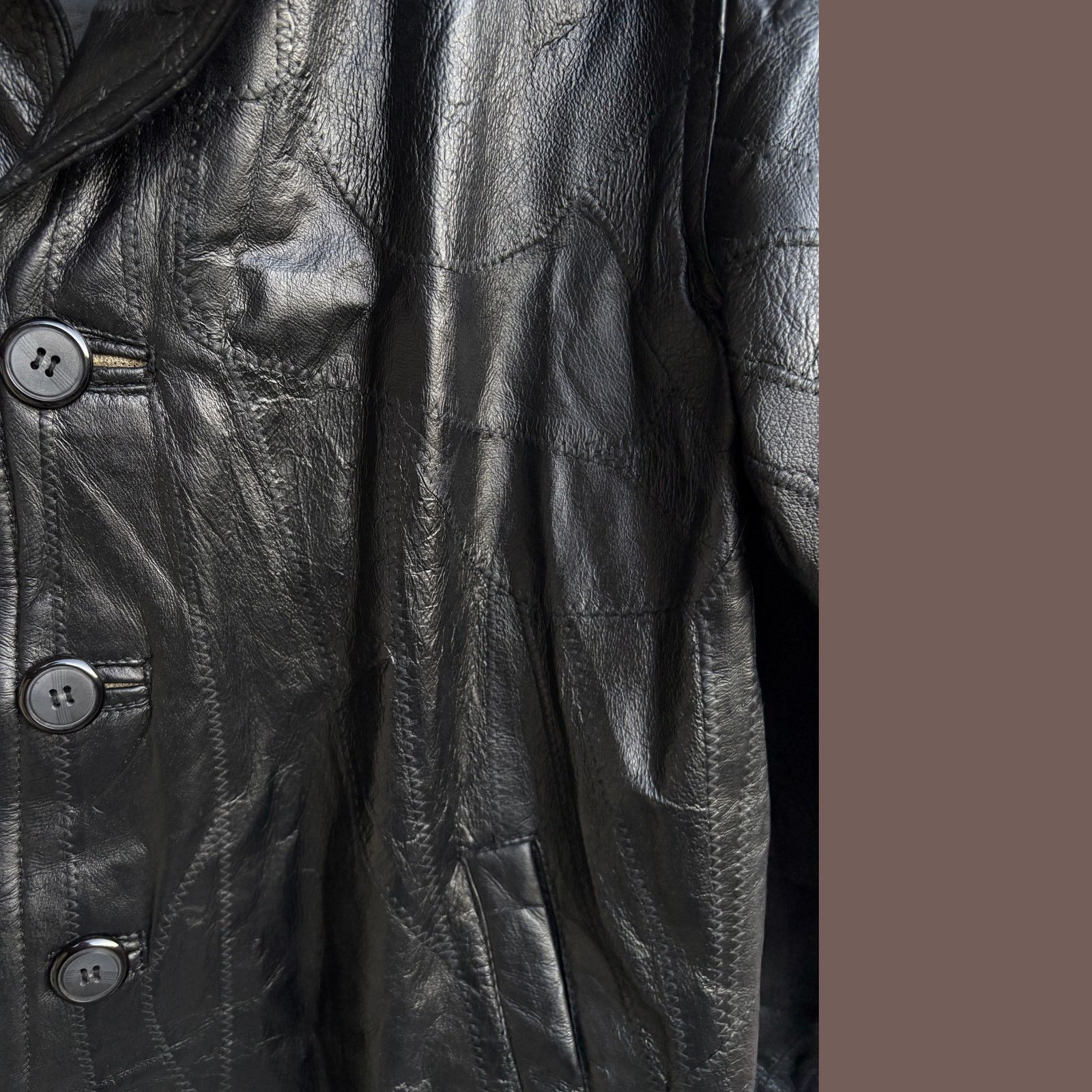 Vintage VTG Leather Jacket | Black Button Front | Minimal 90s Size US L / EU 52-54 / 3 - 3 Thumbnail