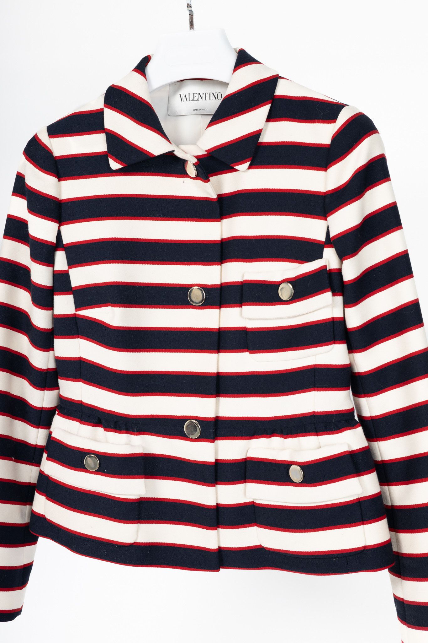 Valentino Valentino White & Navy Striped Wool & Silk Peplum Jacket Size M / US 6-8 / IT 42-44 - 3 Thumbnail