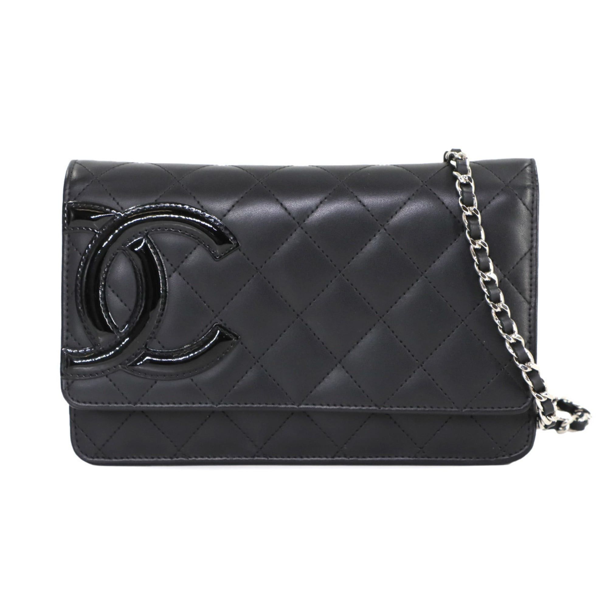 CHANEL Cambon Line Chain Wallet Bifold Long Wallet in Calfskin Enamel Black A46646
