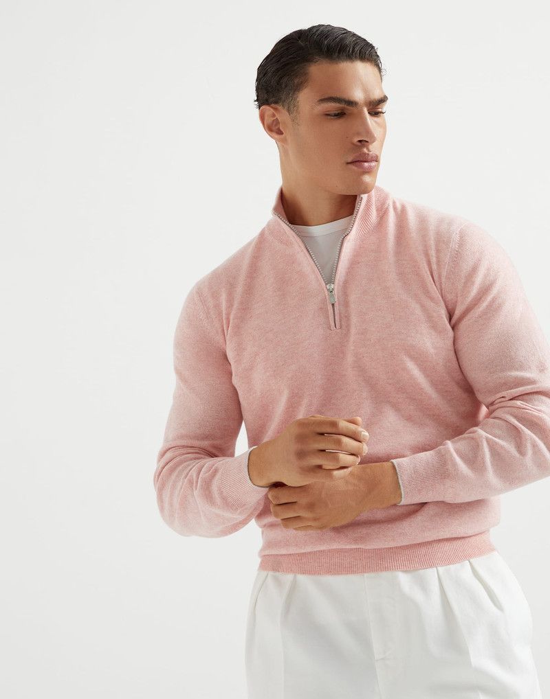 o1la1rc1a0326 Cashmere Turtleneck Sweater With Half Zip Pink