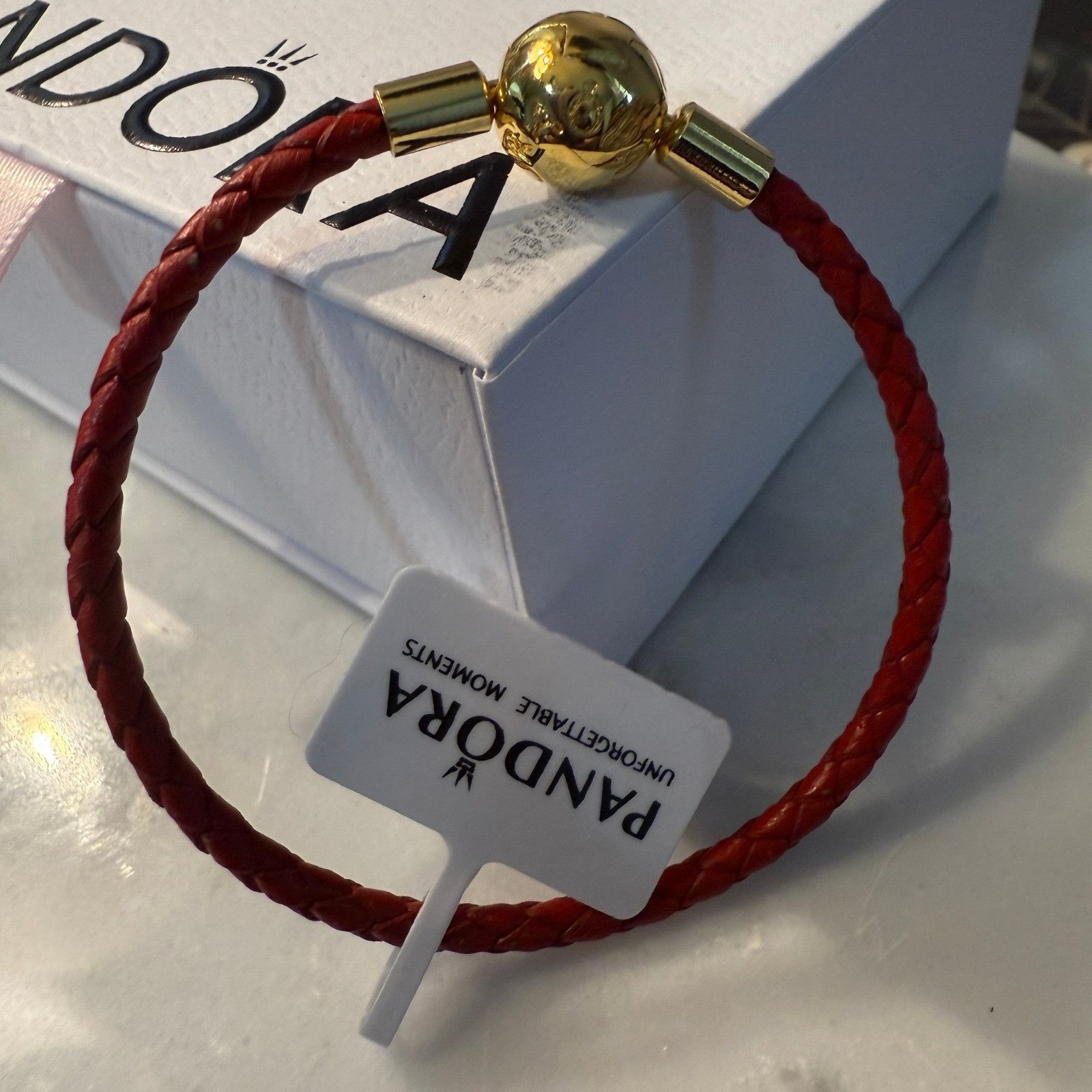 pandora Authentic Pandora, SZ 23CM, Red Braided Leather, Gold Plated Size ONE SIZE - 4 Thumbnail