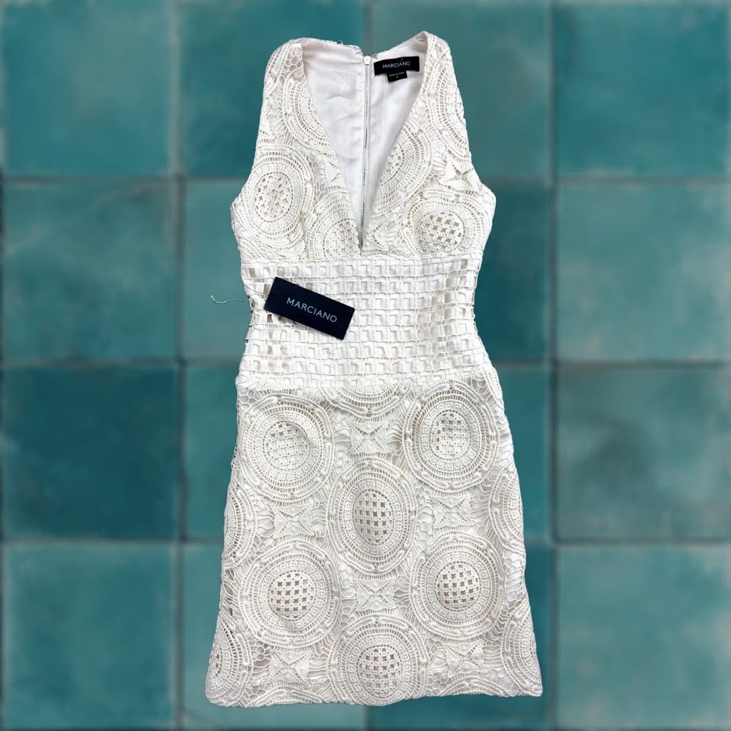 cocktail and party marciano dress Marciano Dress Womens 0 White Lace Crochet V Neck Bodycon Mini Party  Cocktail