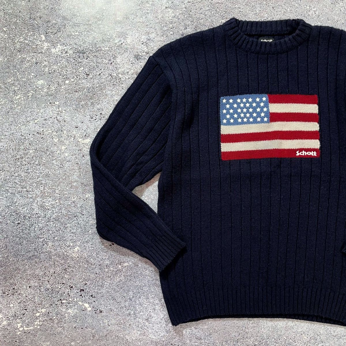 Schott × Vintage 90’s Schott N.Y.C. Big Logo American Flag Knit Sweaters Size US XL / EU 56 / 4 - 6 Thumbnail