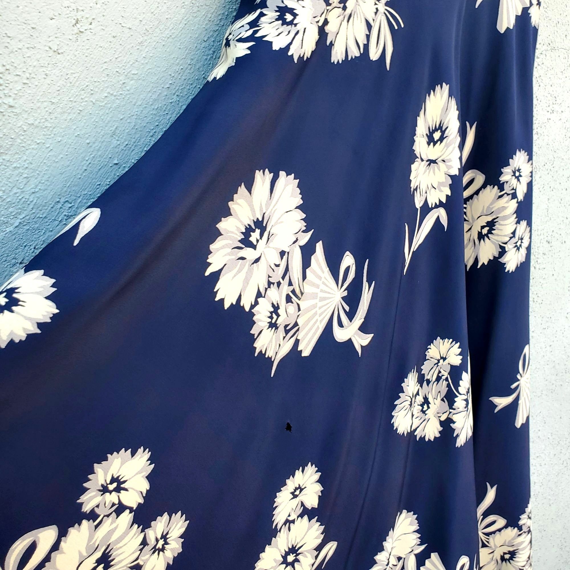 Vintage 1930s Navy Floral Fan Dress Size 8 Draped Neckline Batwing S Size M / US 6-8 / IT 42-44 - 10 Thumbnail