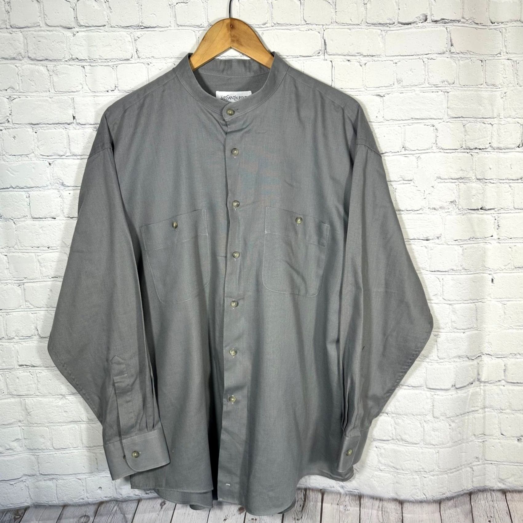 Yves Saint Laurent VINTAGE Yves Saint Laurent Mens Grey Mandarin Collar Button Down Shirt XL 17 32-33 YSL Size US XL / EU 56 / 4 - 2 Thumbnail