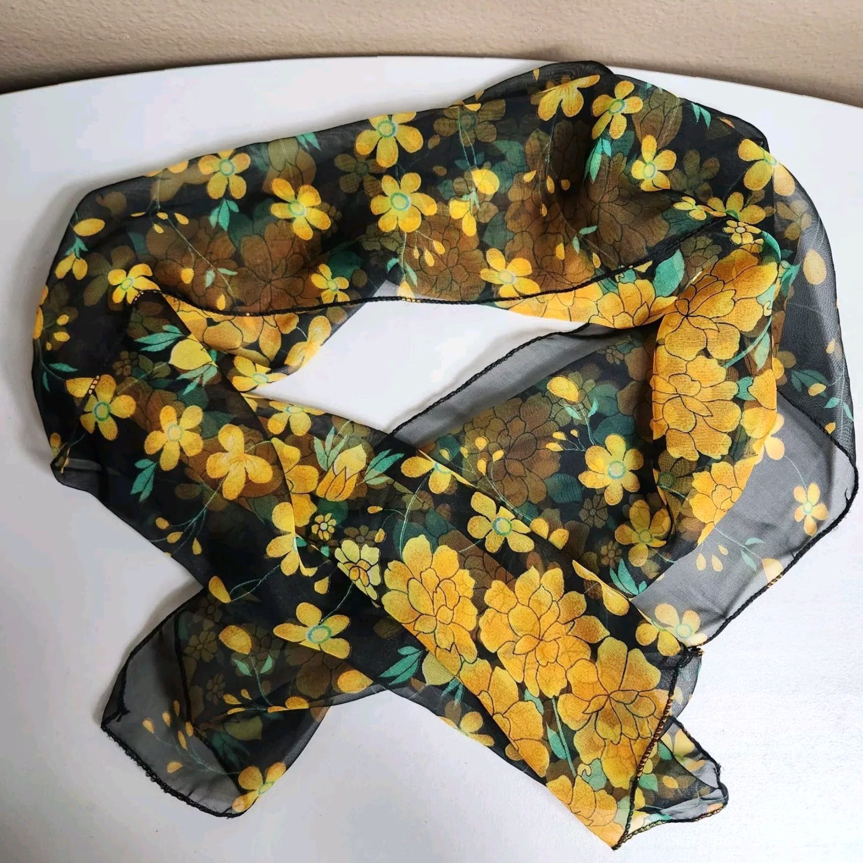 Vintage VINTAGE Scarf Womens Rectangle Black Orange Marigold 17"Wx58"L Chiffon Finished edges Green Yellow Size ONE SIZE - 2 Thumbnail